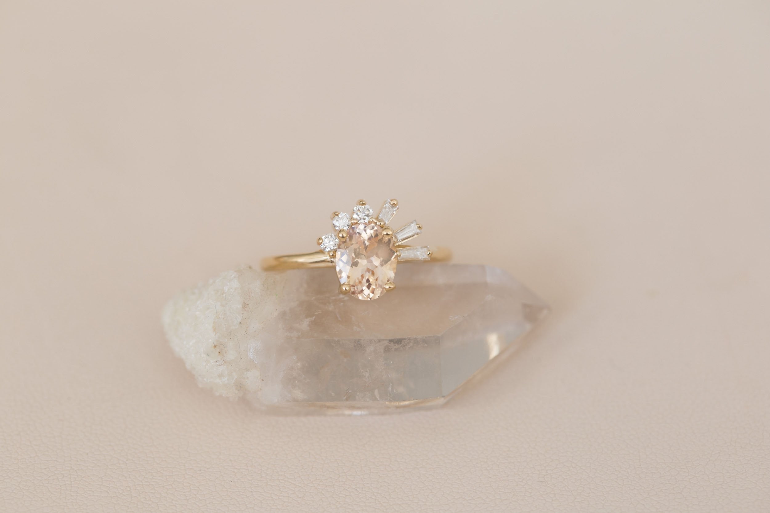 Sol Ring | Apricot Oval Sapphire + Baguette and Round Diamond Cluster Engagement Ring 1.53 ct | 14k Recycled Gold | One of a Kind
