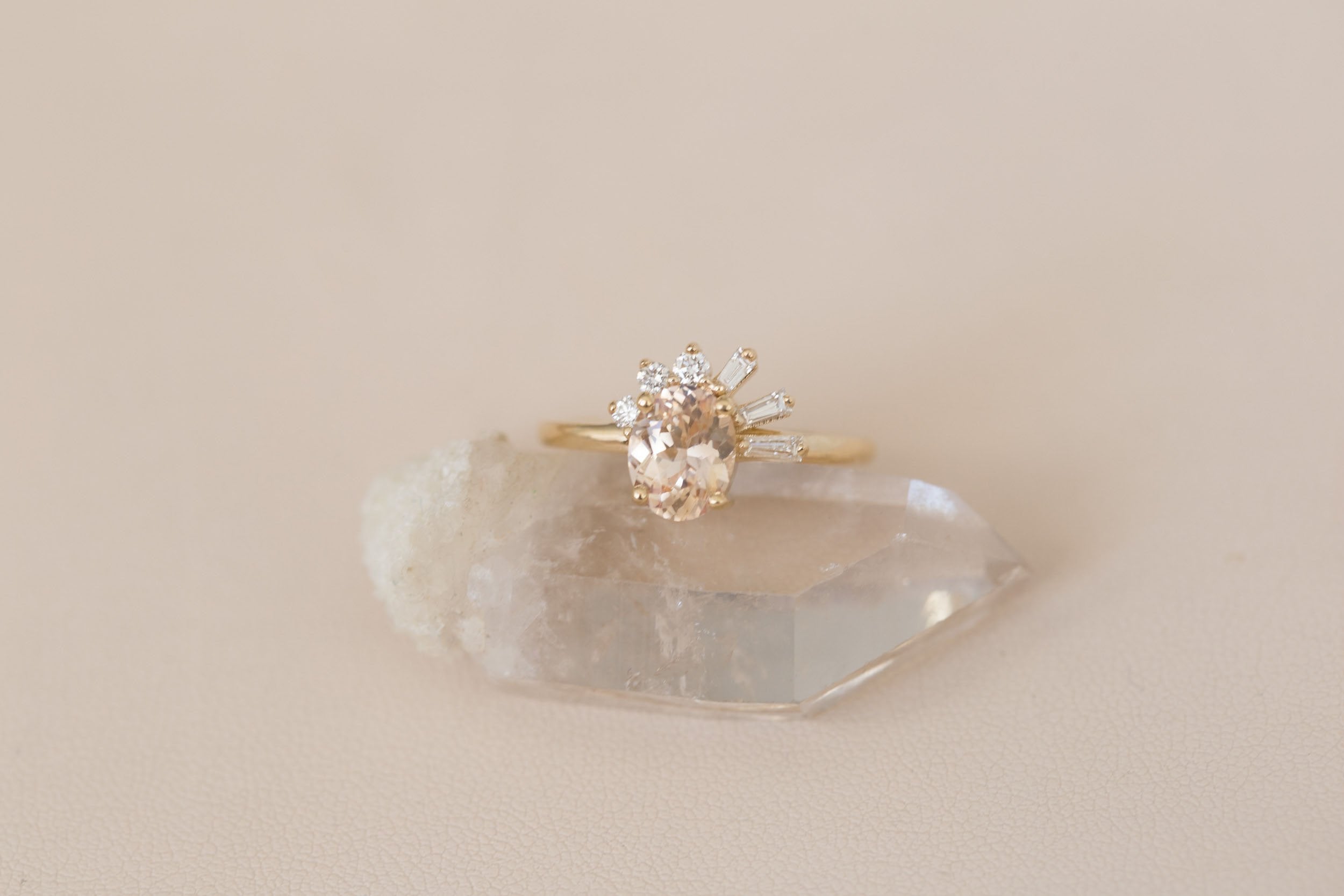 Sol Ring | Apricot Oval Sapphire + Baguette and Round Diamond Cluster Engagement Ring 1.53 ct | 14k Recycled Gold | One of a Kind