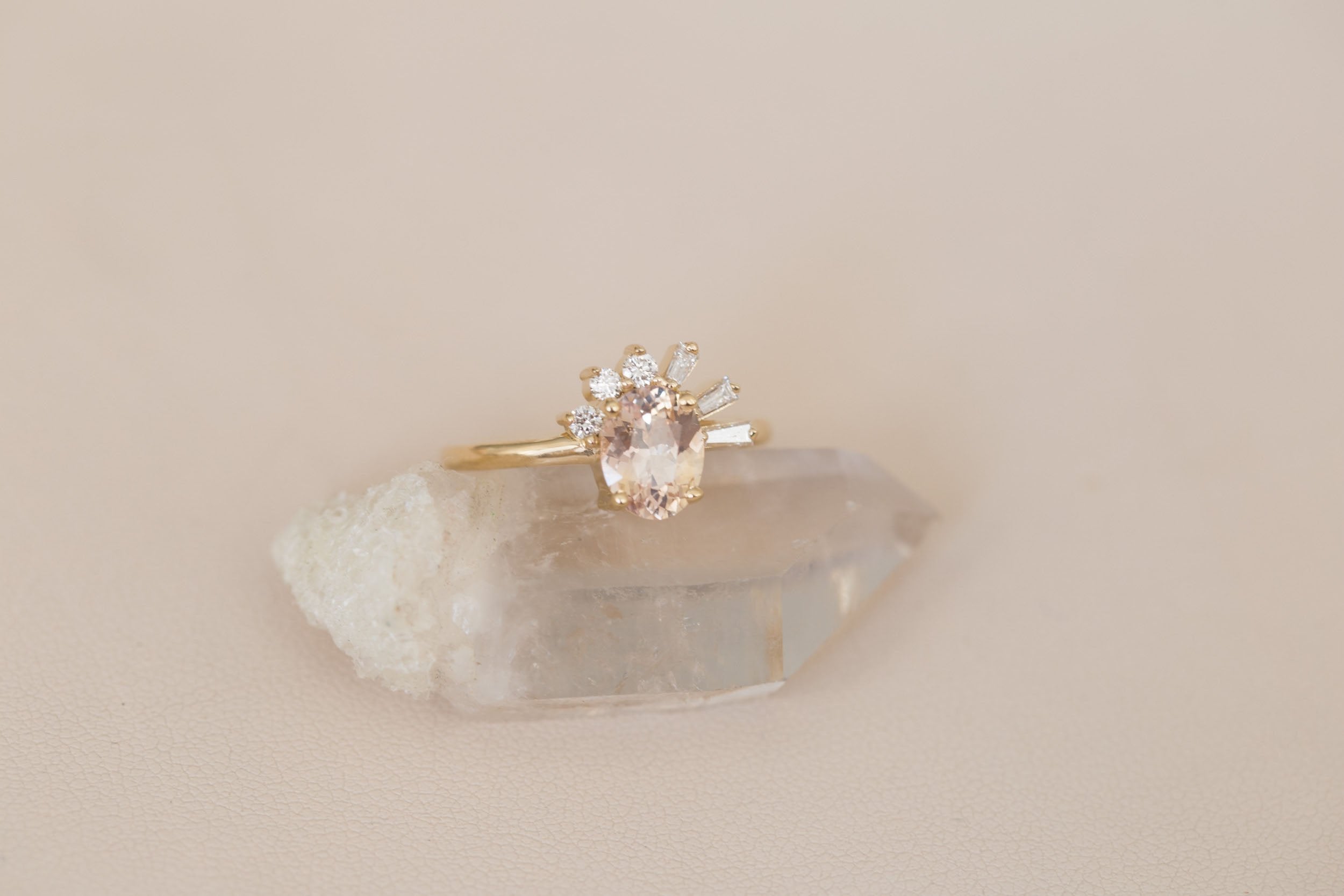 Sol Ring | Apricot Oval Sapphire + Baguette and Round Diamond Cluster Engagement Ring 1.53 ct | 14k Recycled Gold | One of a Kind