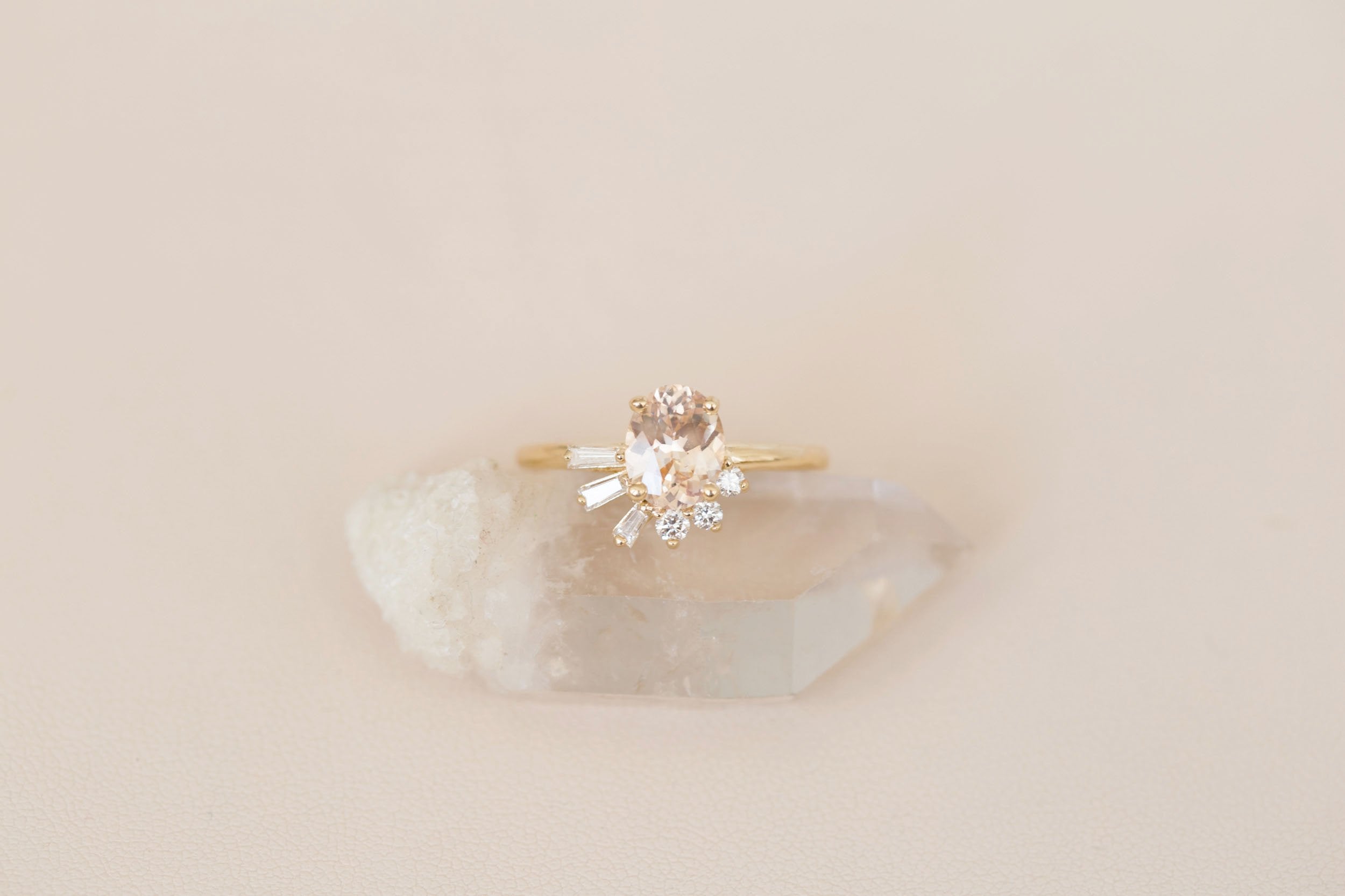 Sol Ring | Apricot Oval Sapphire + Baguette and Round Diamond Cluster Engagement Ring 1.53 ct | 14k Recycled Gold | One of a Kind