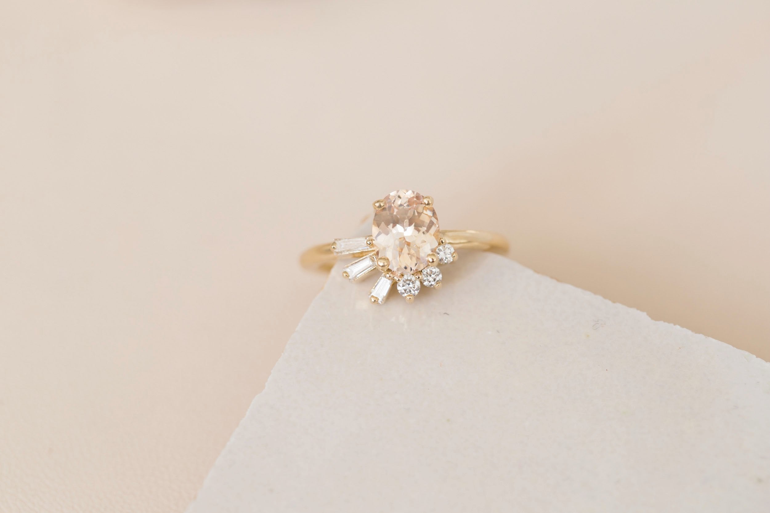 Sol Ring | Apricot Oval Sapphire + Baguette and Round Diamond Cluster Engagement Ring 1.53 ct | 14k Recycled Gold | One of a Kind