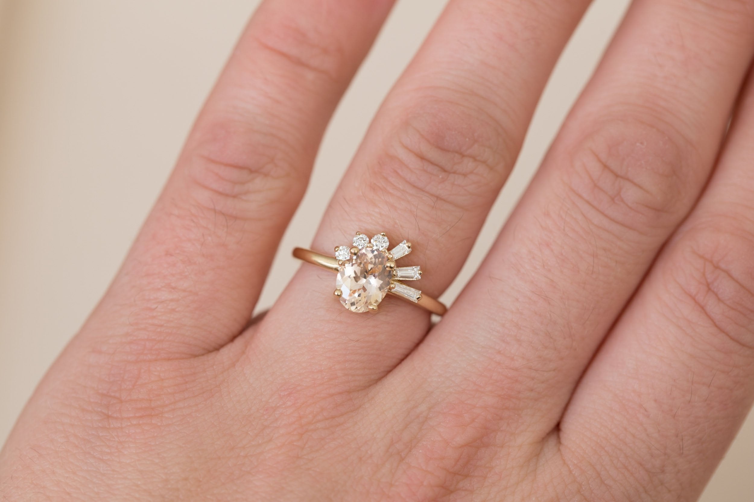 Sol Ring | Apricot Oval Sapphire + Baguette and Round Diamond Cluster Engagement Ring 1.53 ct | 14k Recycled Gold | One of a Kind