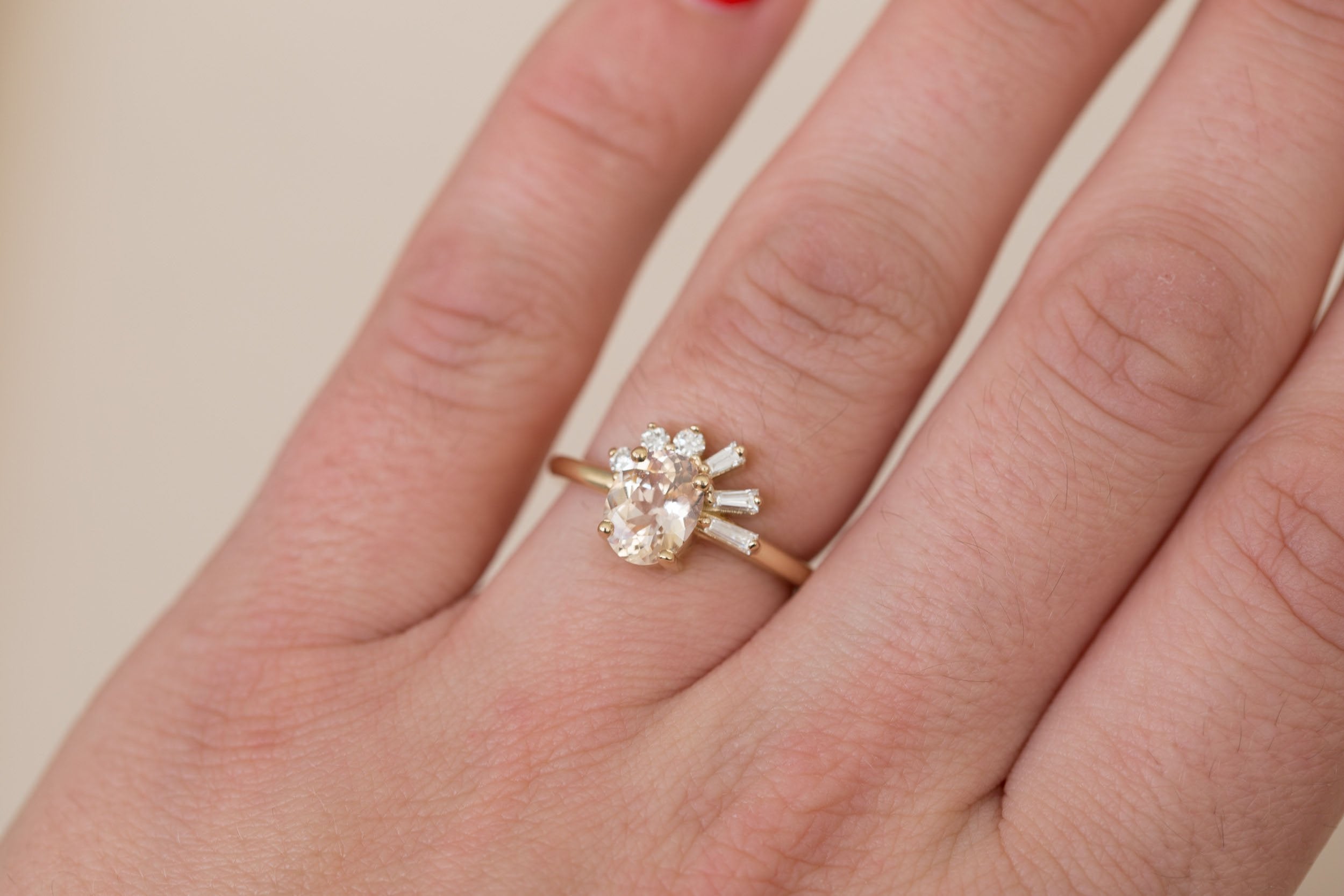 Sol Ring | Apricot Oval Sapphire + Baguette and Round Diamond Cluster Engagement Ring 1.53 ct | 14k Recycled Gold | One of a Kind