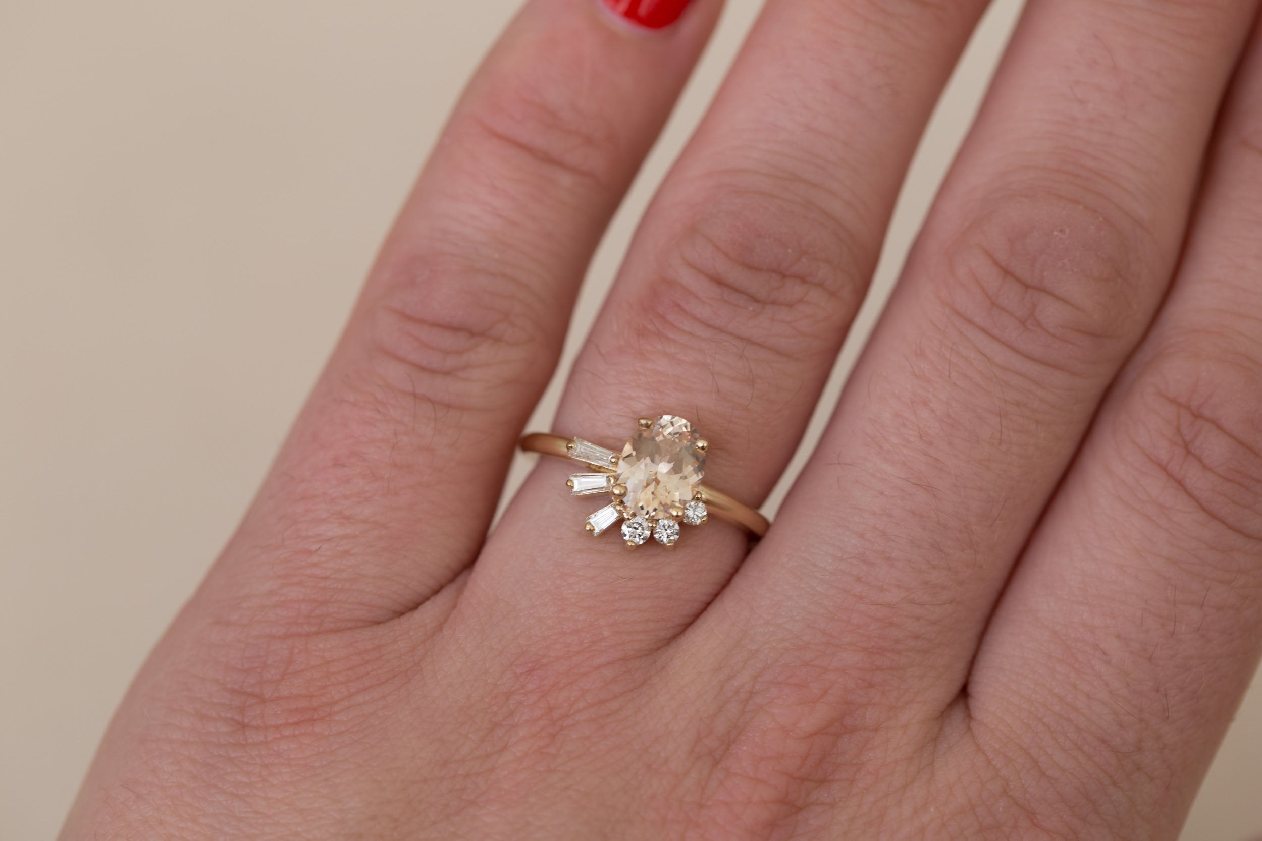 Sol Ring | Apricot Oval Sapphire + Baguette and Round Diamond Cluster Engagement Ring 1.53 ct | 14k Recycled Gold | One of a Kind