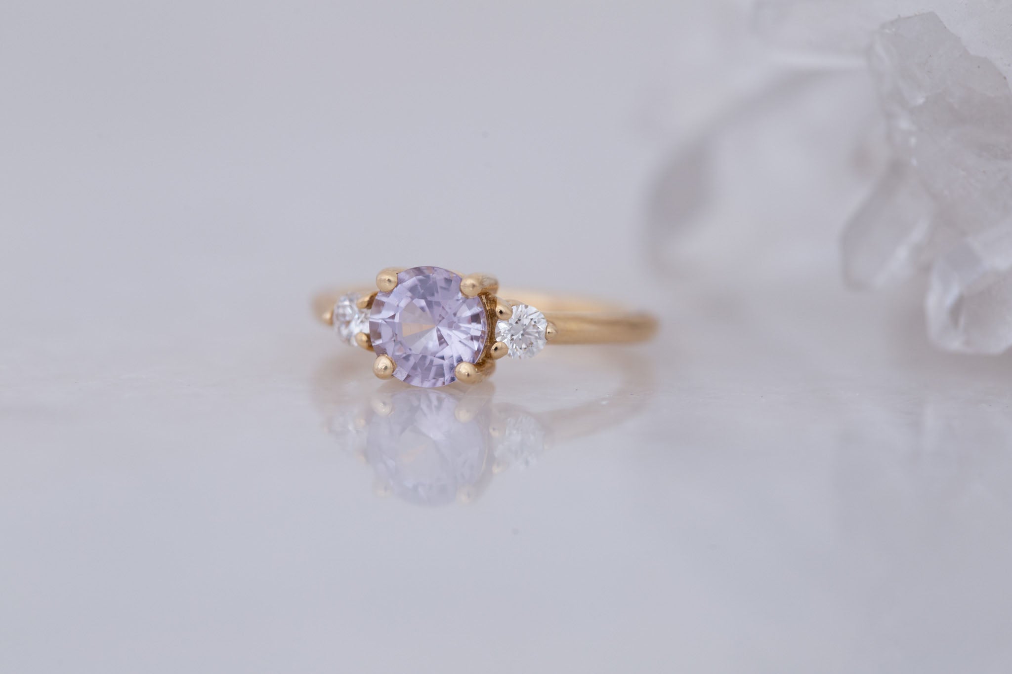 Maeve Ring | Icy Lavender Sapphire + Round Diamond Accent Engagement Ring 1.53 ct | 14k Recycled Gold | One of a Kind