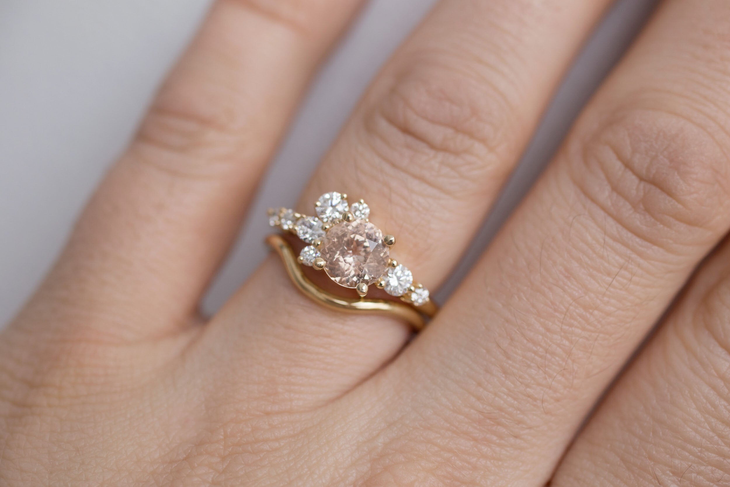 Ilia Ring | Blush Apricot Round Sapphire + Diamond Cluster Engagement Ring | 14k Recycled Gold | One of a Kind