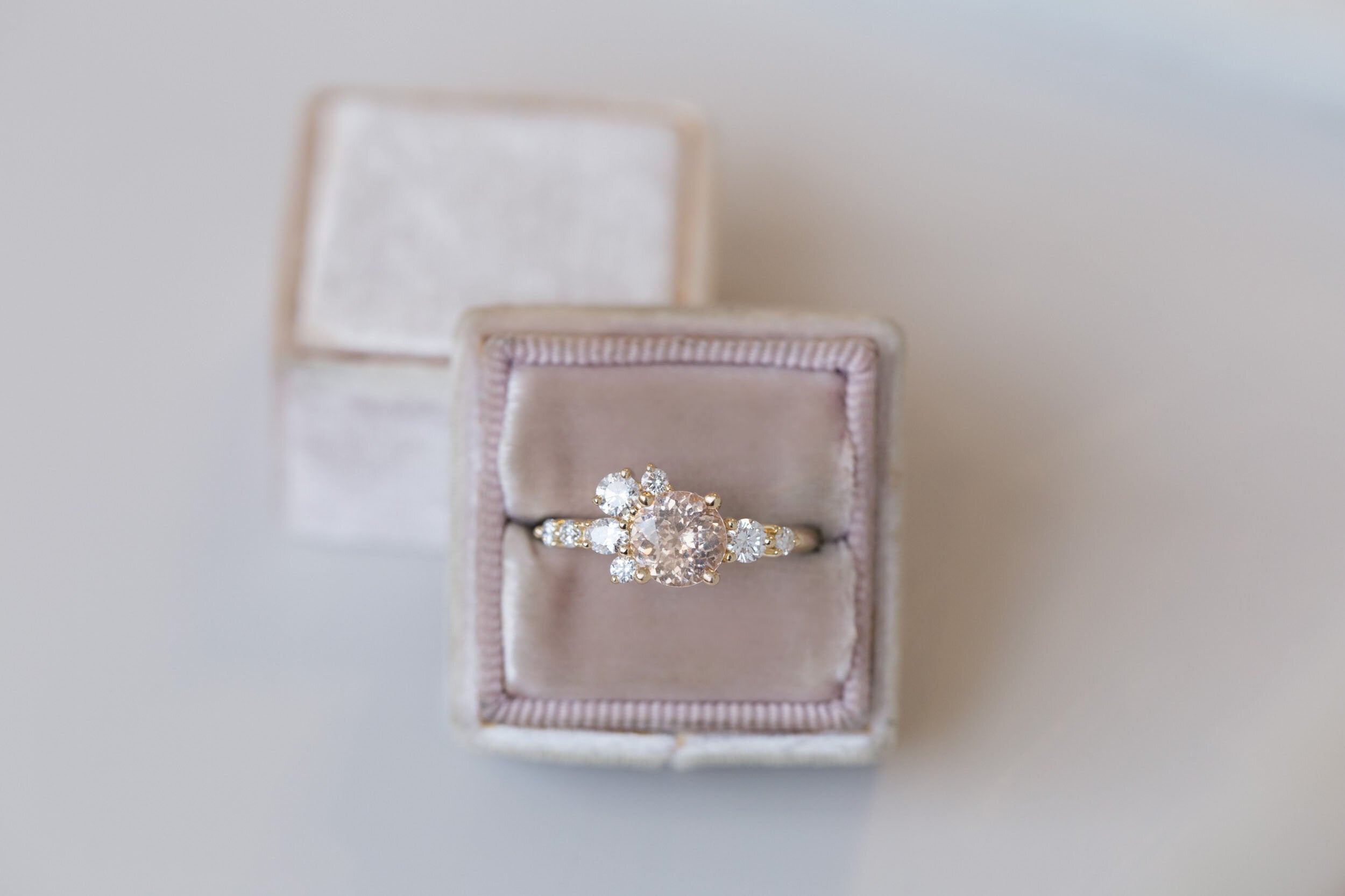 Ilia Ring | Blush Apricot Round Sapphire + Diamond Cluster Engagement Ring | 14k Recycled Gold | One of a Kind