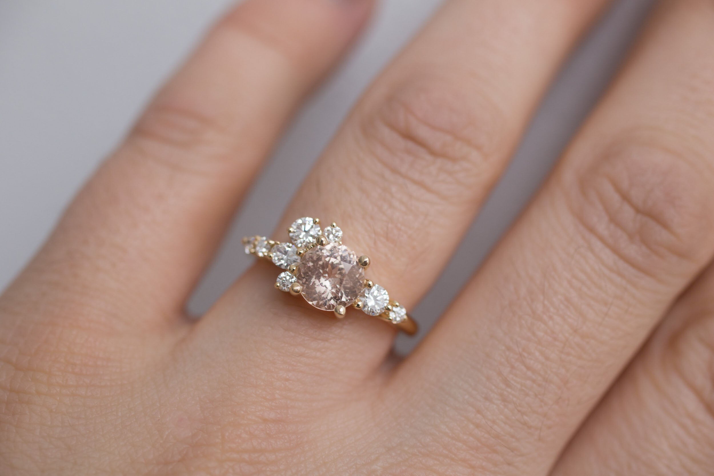 Ilia Ring | Blush Apricot Round Sapphire + Diamond Cluster Engagement Ring | 14k Recycled Gold | One of a Kind