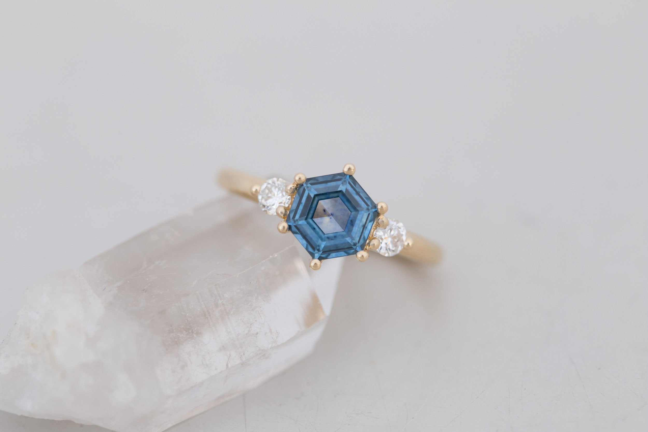 Maeve Ring | Blue Hexagon Montana Sapphire + Round Diamond Accent Engagement Ring 1.54 ct | 14k Recycled Gold | One of a Kind