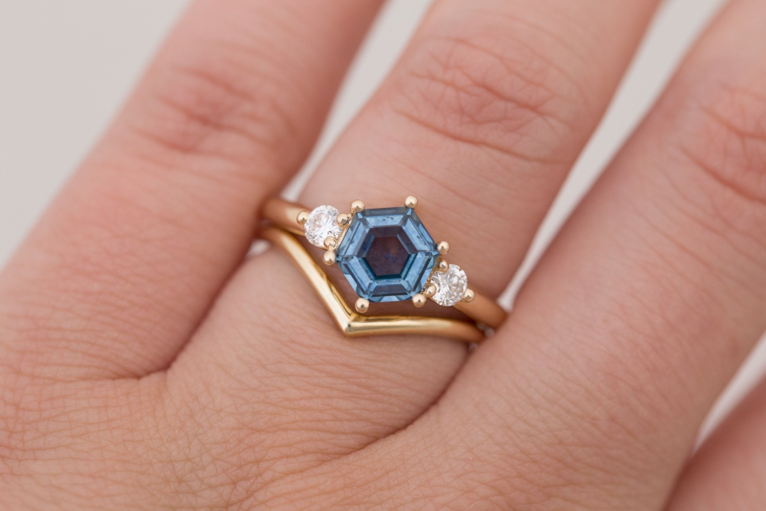 Maeve Ring | Blue Hexagon Montana Sapphire + Round Diamond Accent Engagement Ring 1.54 ct | 14k Recycled Gold | One of a Kind