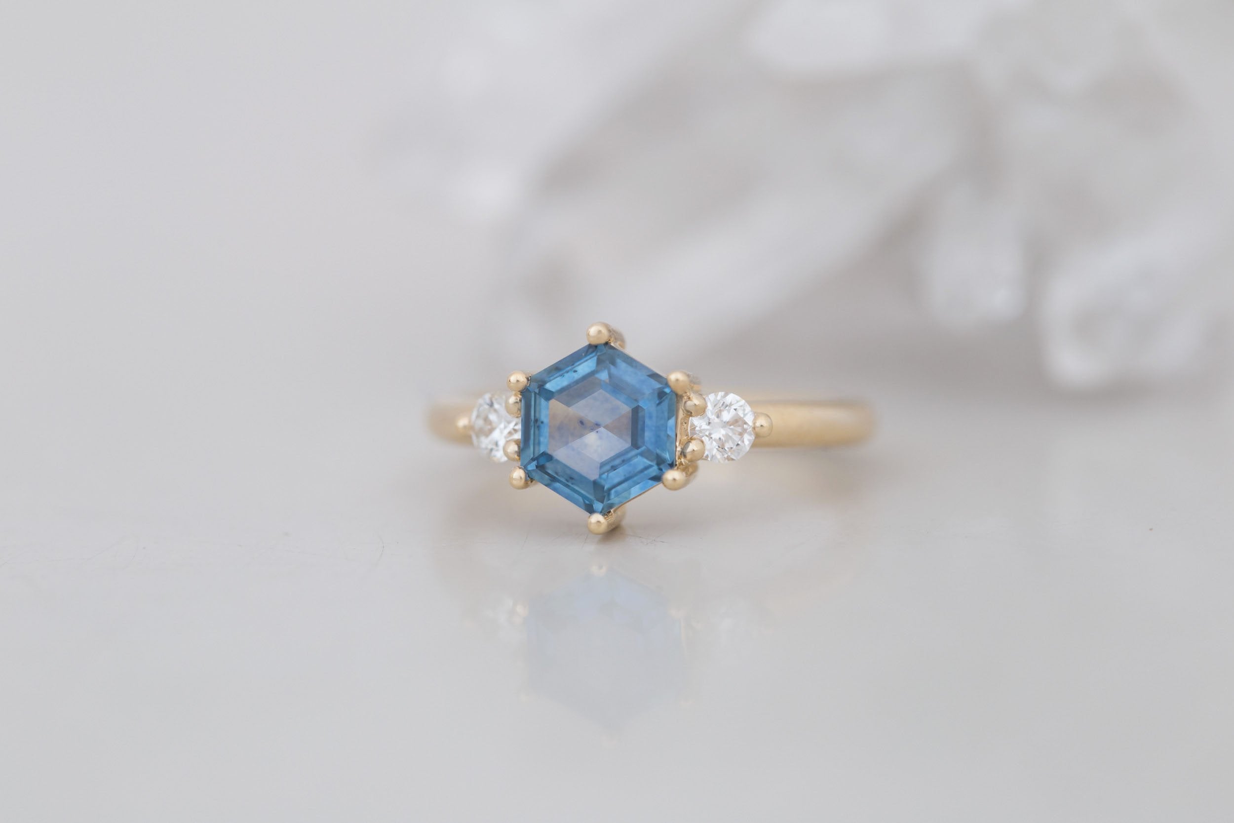 Maeve Ring | Blue Hexagon Montana Sapphire + Round Diamond Accent Engagement Ring 1.54 ct | 14k Recycled Gold | One of a Kind