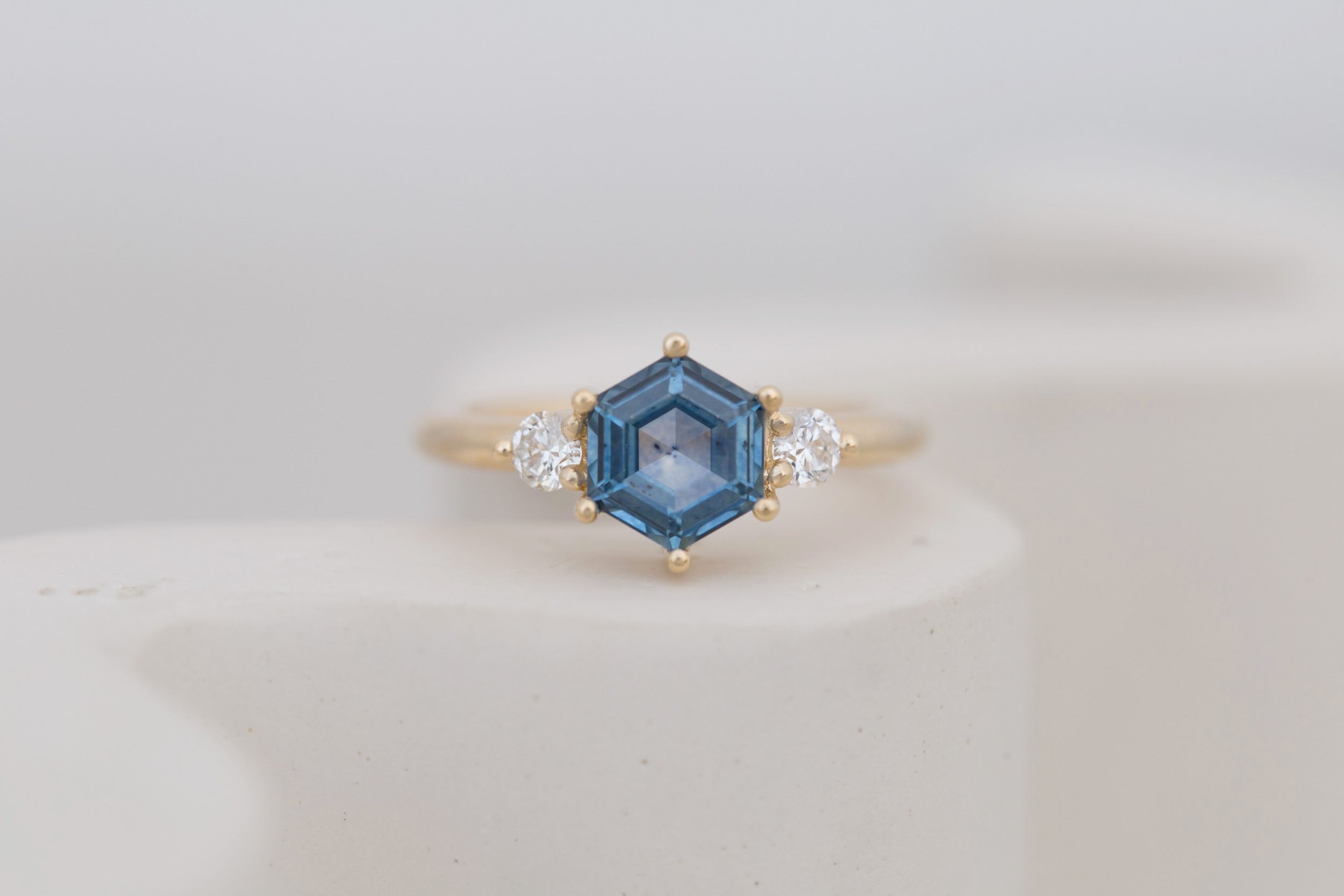 Maeve Ring | Blue Hexagon Montana Sapphire + Round Diamond Accent Engagement Ring 1.54 ct | 14k Recycled Gold | One of a Kind