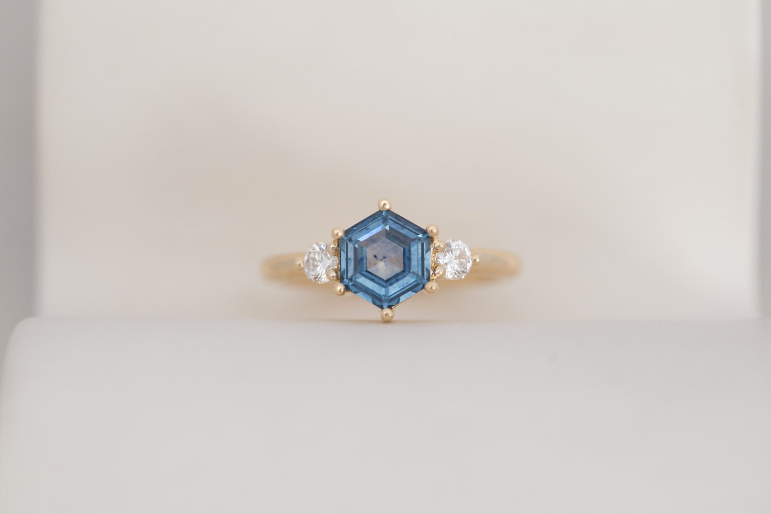 Maeve Ring | Blue Hexagon Montana Sapphire + Round Diamond Accent Engagement Ring 1.54 ct | 14k Recycled Gold | One of a Kind