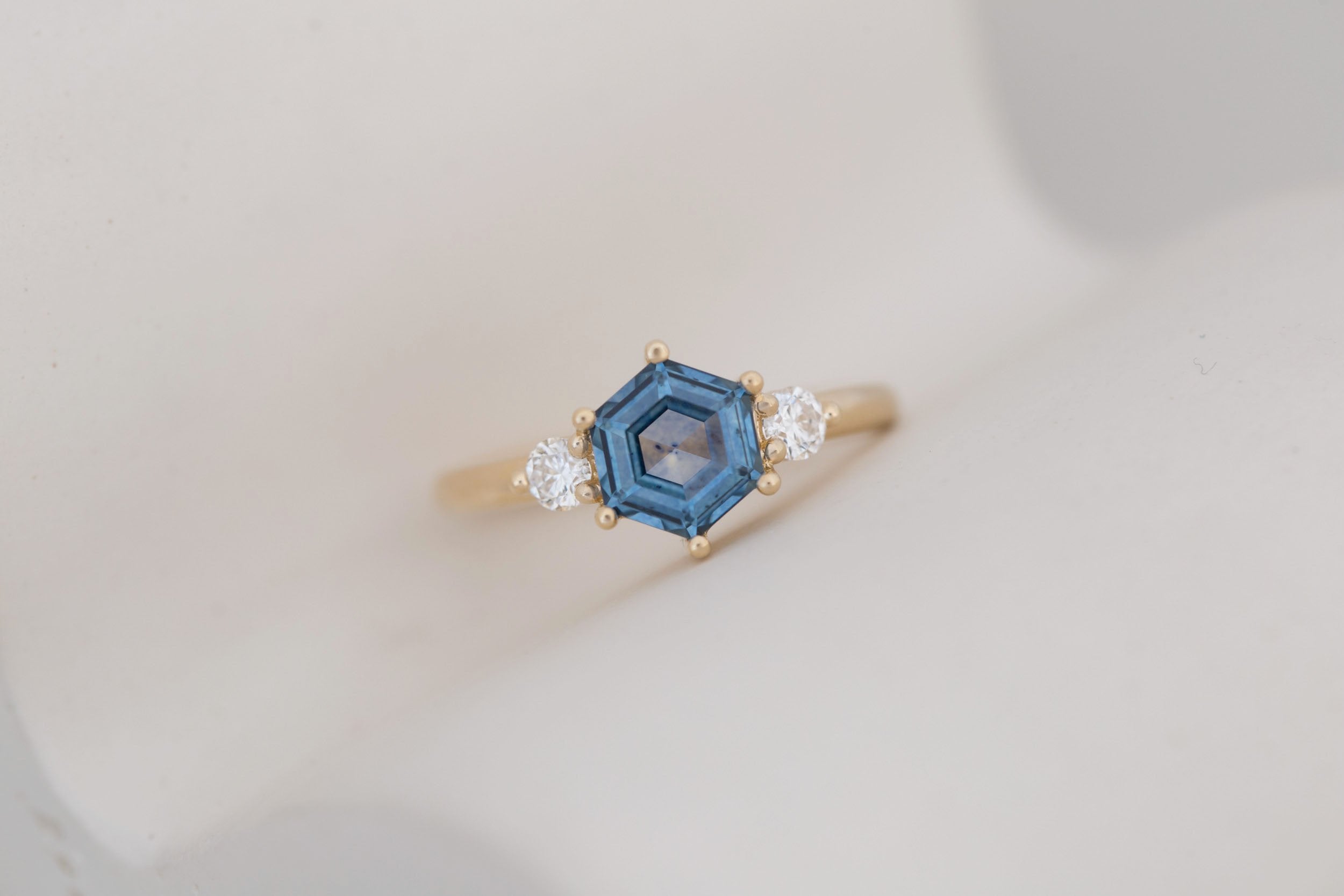 Maeve Ring | Blue Hexagon Montana Sapphire + Round Diamond Accent Engagement Ring 1.54 ct | 14k Recycled Gold | One of a Kind