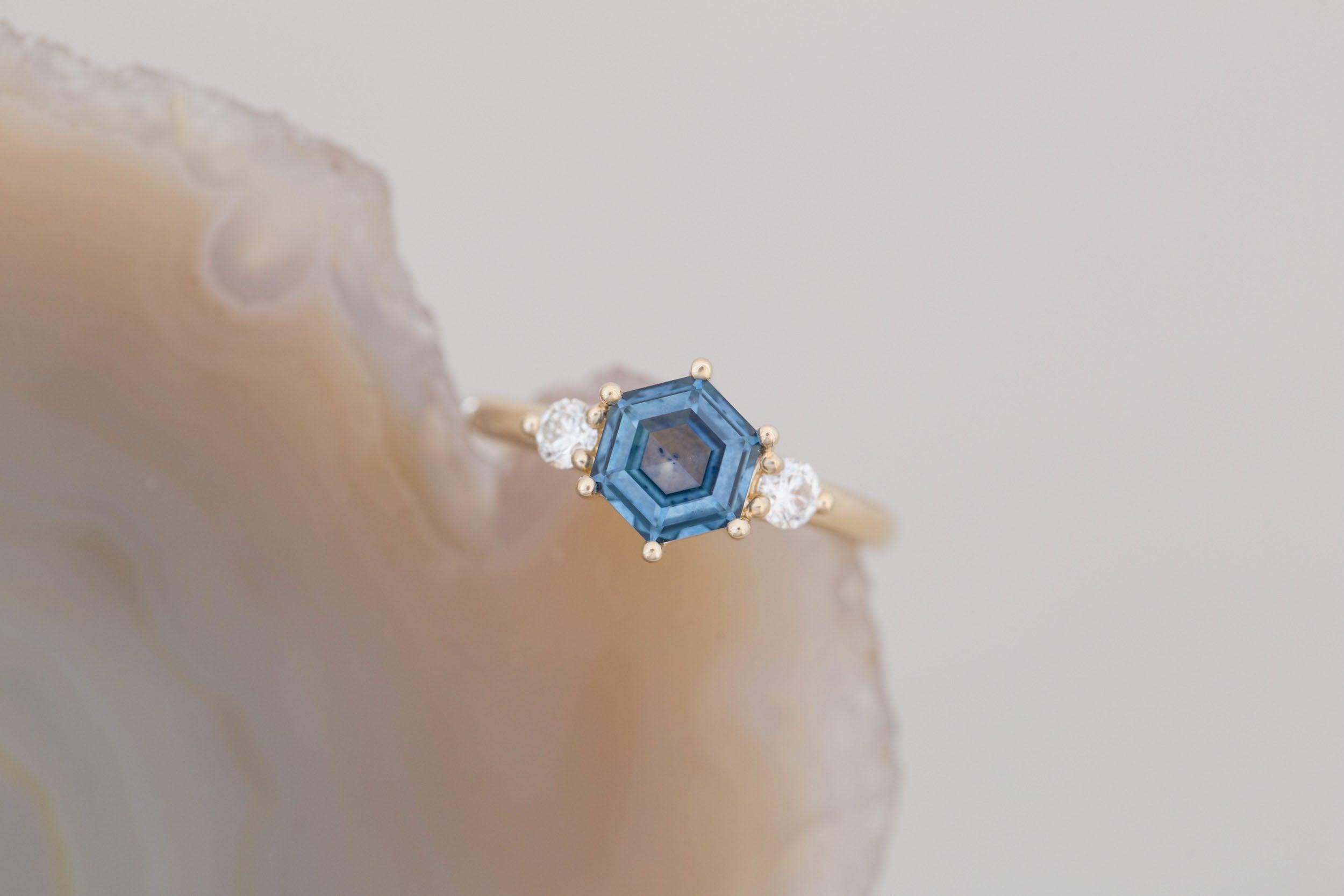 Maeve Ring | Blue Hexagon Montana Sapphire + Round Diamond Accent Engagement Ring 1.54 ct | 14k Recycled Gold | One of a Kind