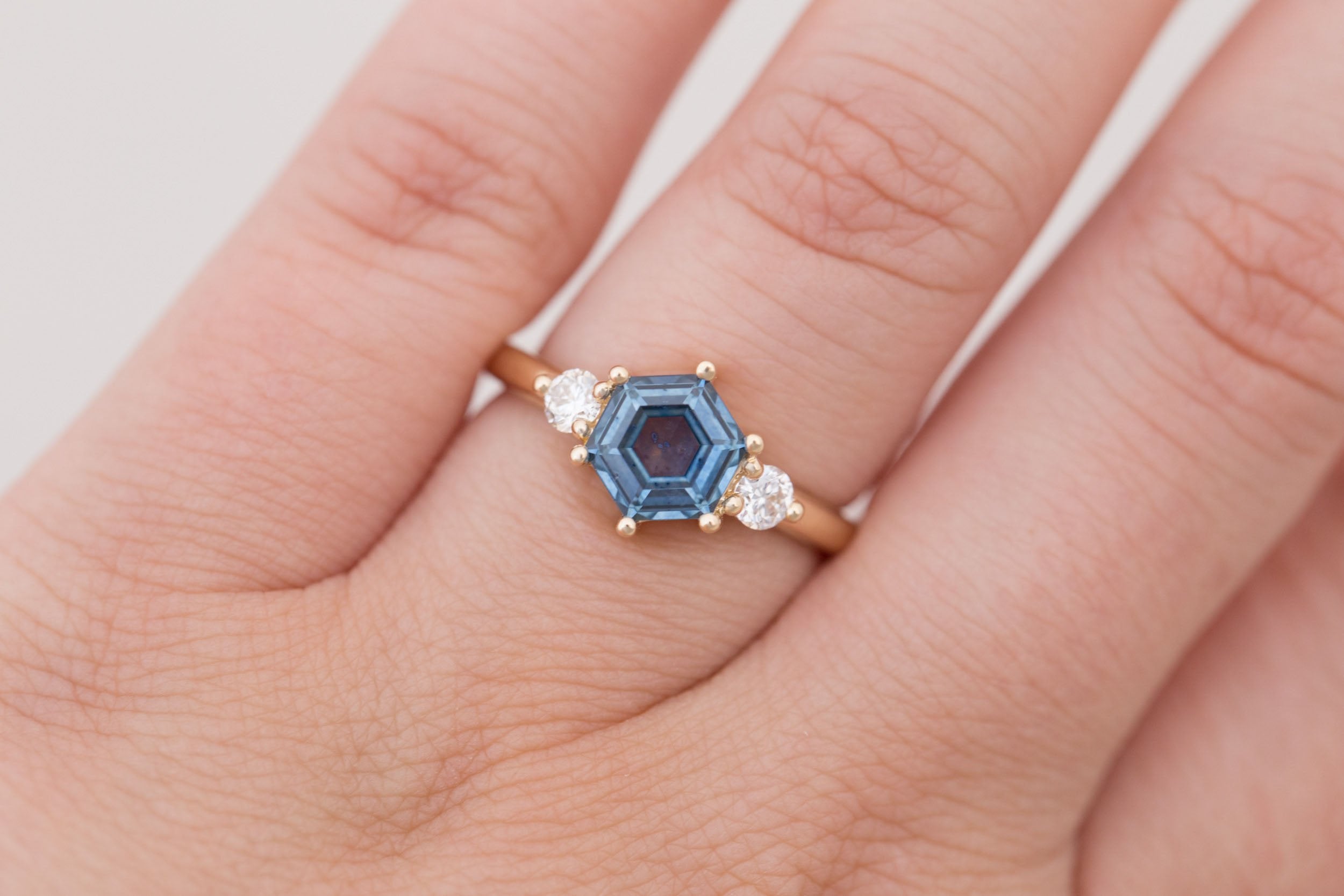 Maeve Ring | Blue Hexagon Montana Sapphire + Round Diamond Accent Engagement Ring 1.54 ct | 14k Recycled Gold | One of a Kind