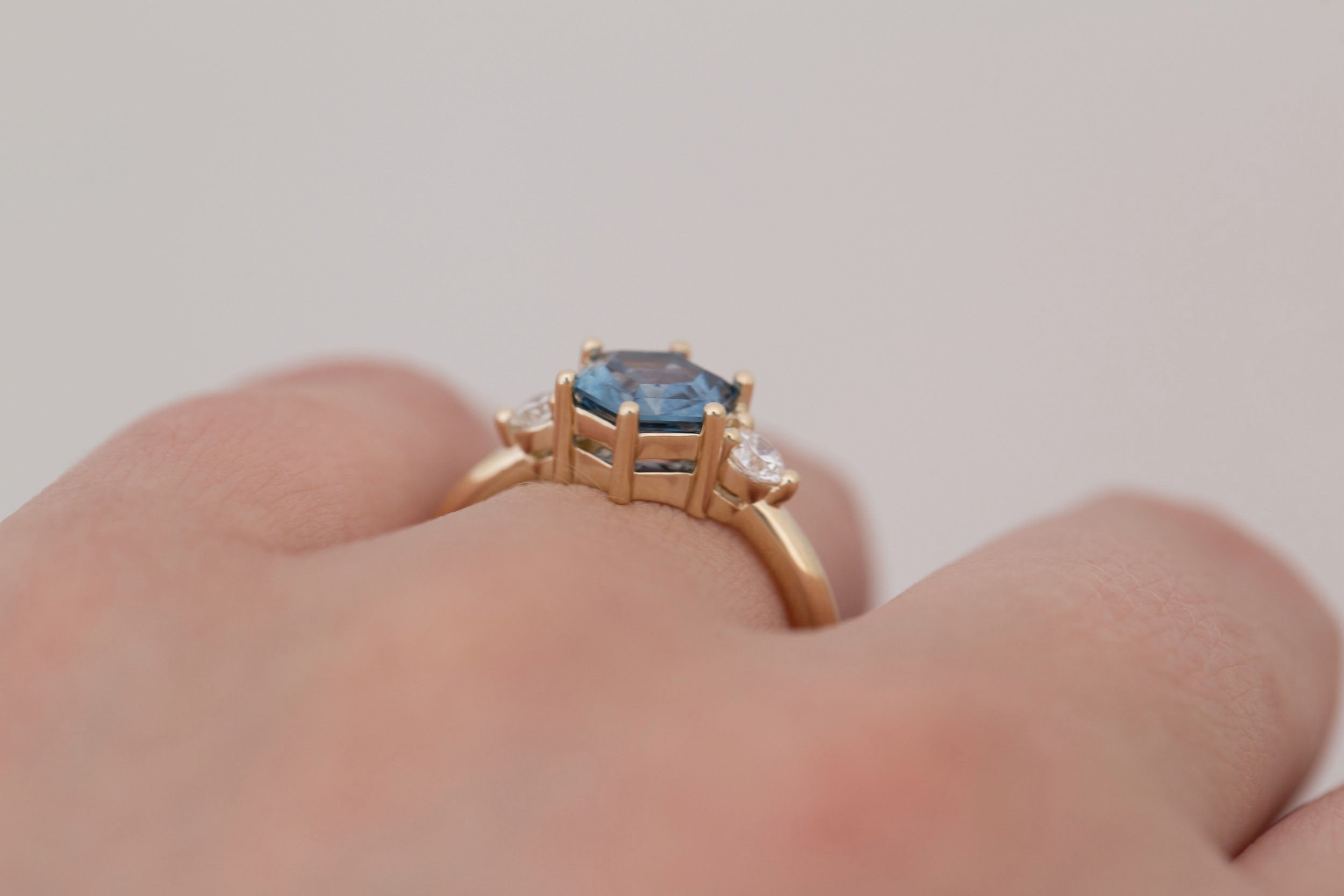 Maeve Ring | Blue Hexagon Montana Sapphire + Round Diamond Accent Engagement Ring 1.54 ct | 14k Recycled Gold | One of a Kind