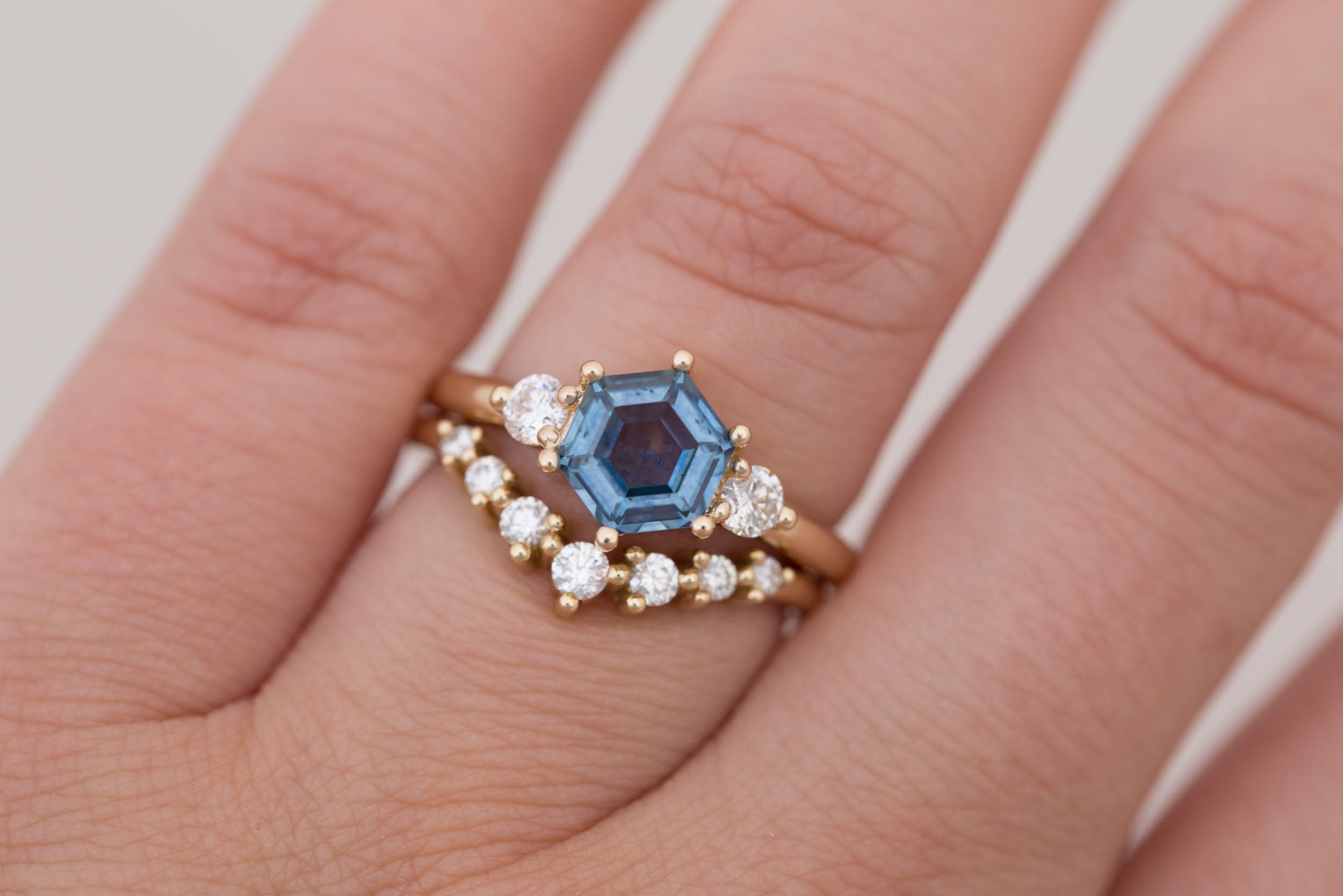 Maeve Ring | Blue Hexagon Montana Sapphire + Round Diamond Accent Engagement Ring 1.54 ct | 14k Recycled Gold | One of a Kind