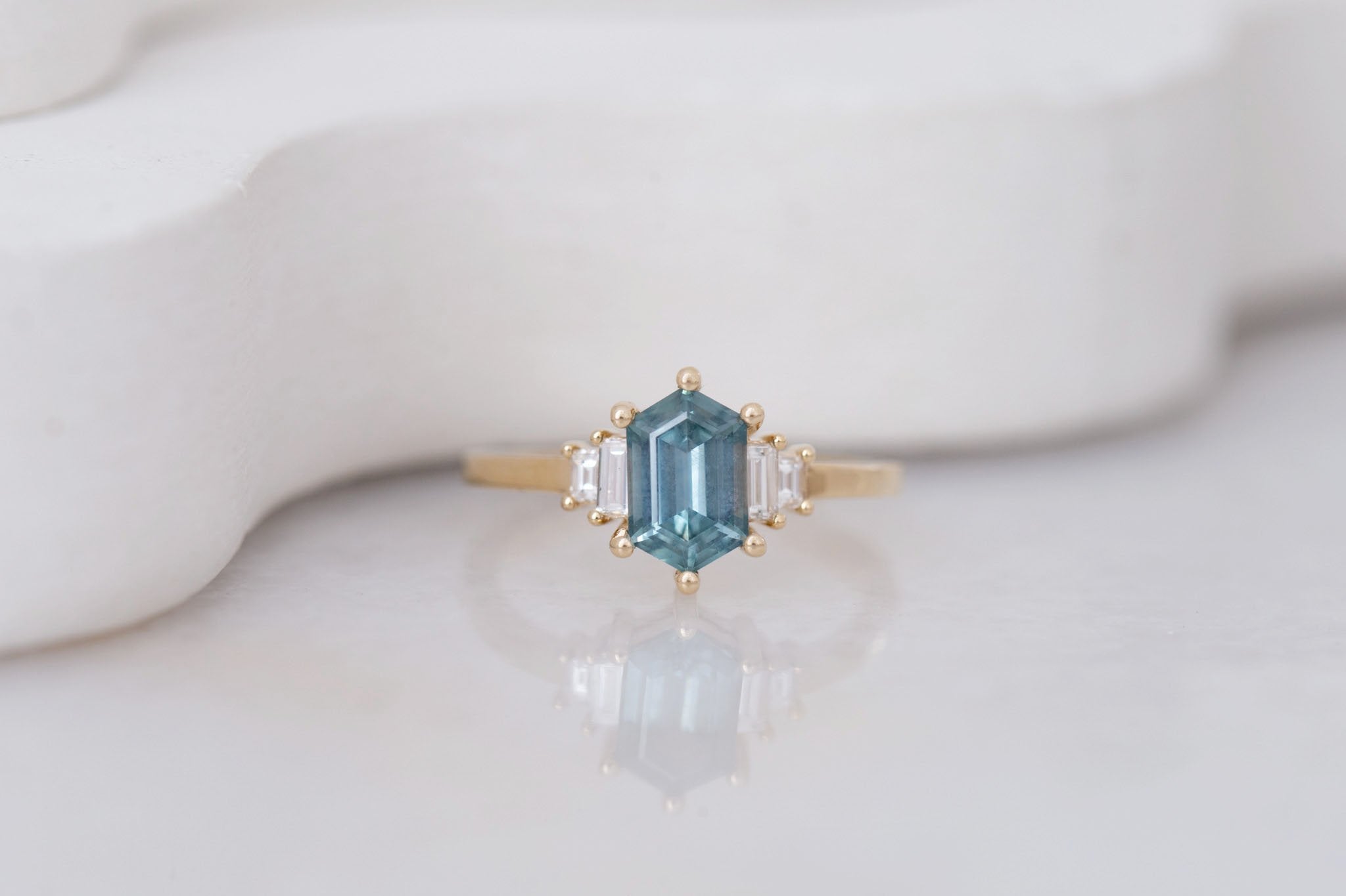 Ash Ring | Teal Hexagonal Montana Sapphire + Diamond Baguette Engagement Ring 1.54 ct | 14k Recycled Gold | One of a Kind