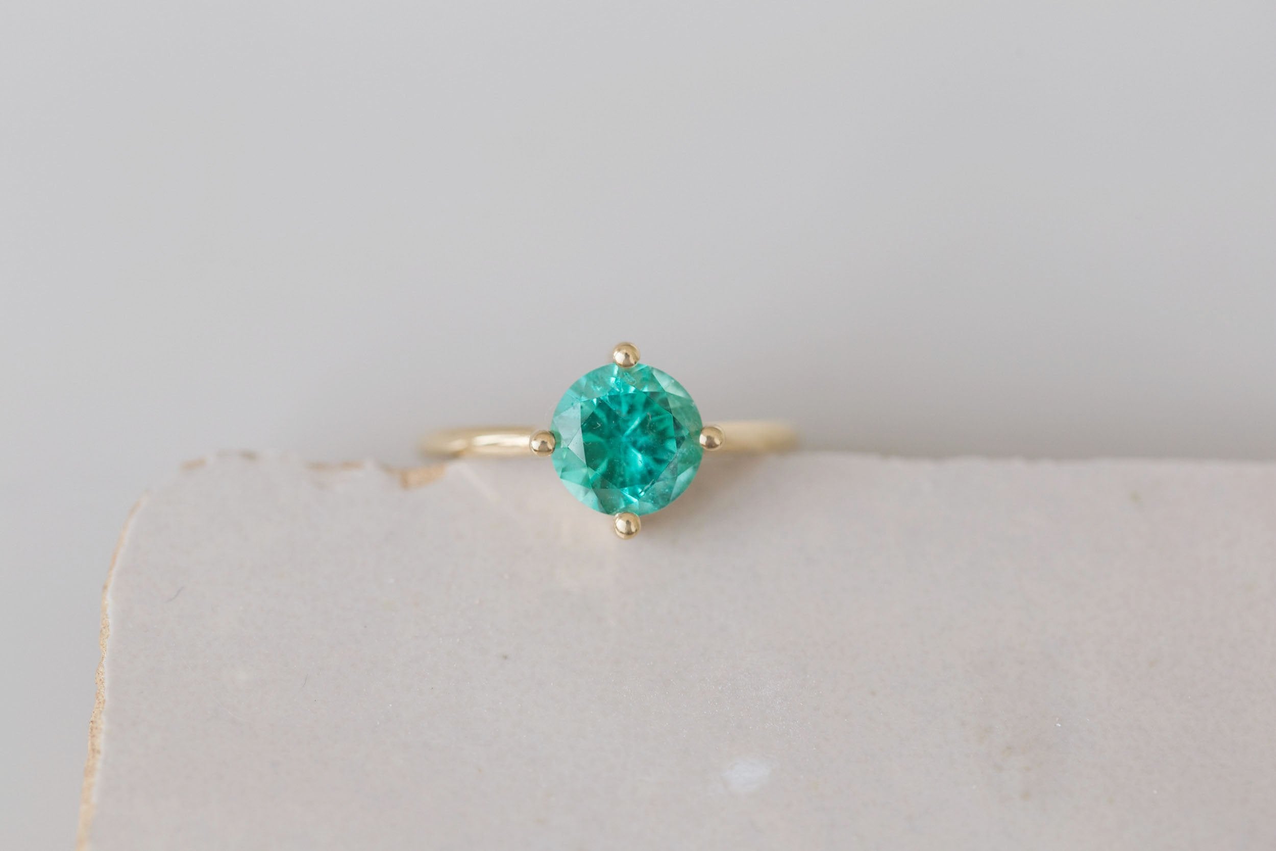 Leta Ring | Round Emerald Compass Set Solitaire Engagement Ring 1.54 ct | 14k Recycled Gold | One of a Kind
