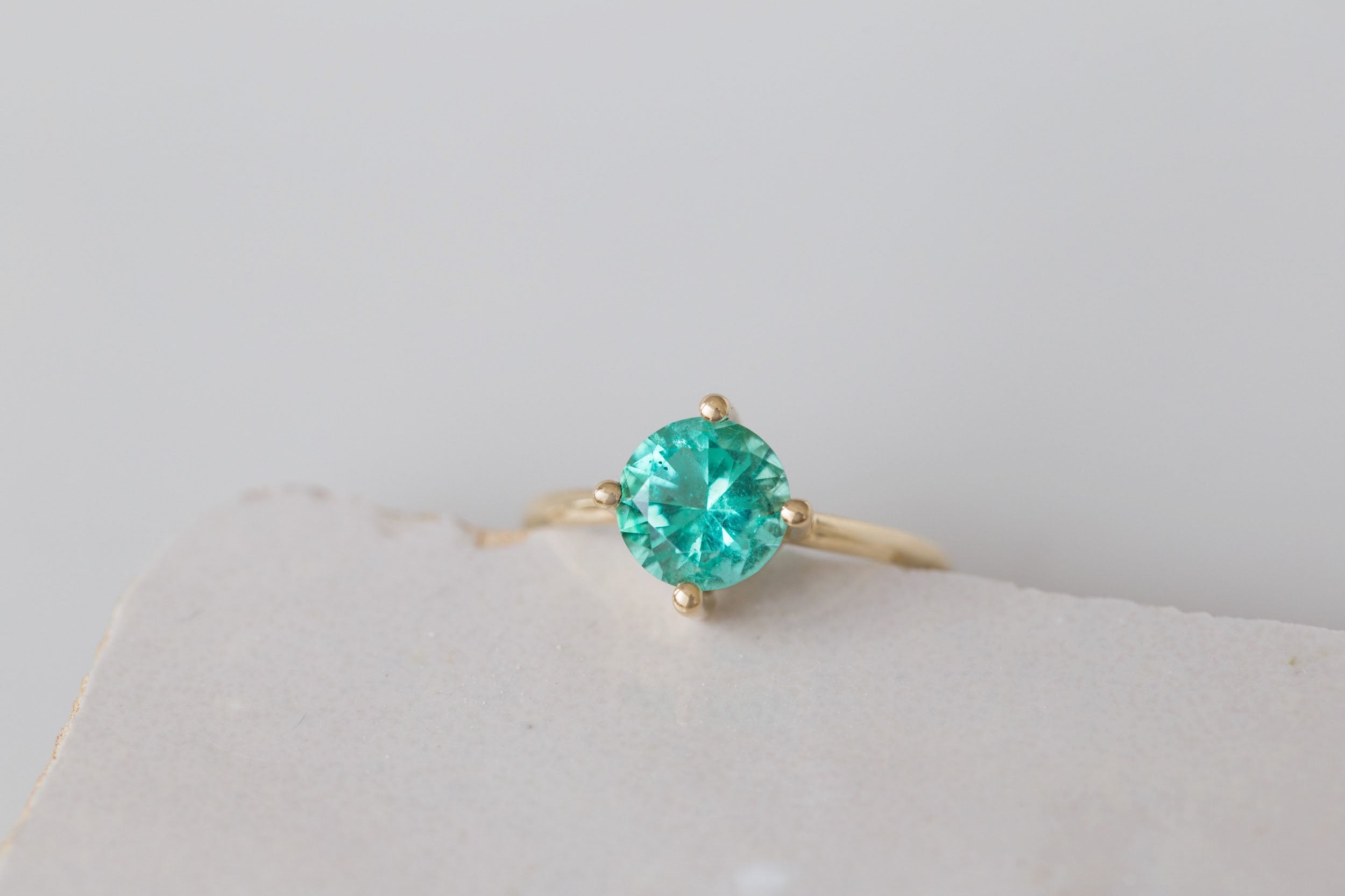 Leta Ring | Round Emerald Compass Set Solitaire Engagement Ring 1.54 ct | 14k Recycled Gold | One of a Kind