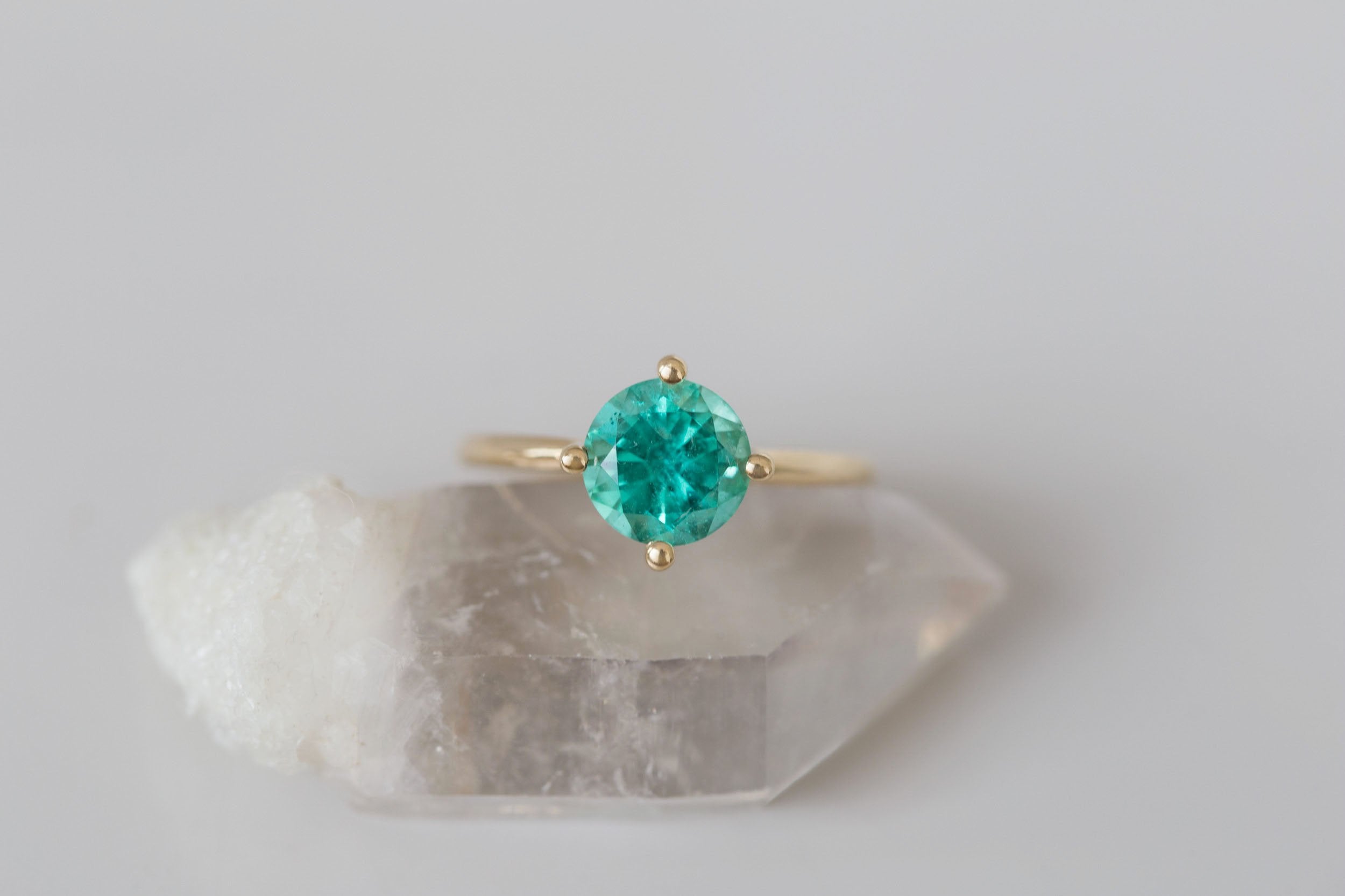 Leta Ring | Round Emerald Compass Set Solitaire Engagement Ring 1.54 ct | 14k Recycled Gold | One of a Kind