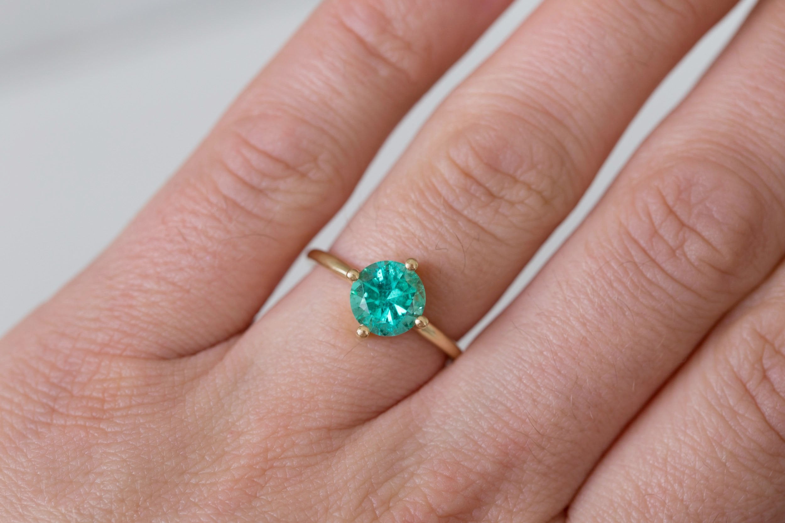 Leta Ring | Round Emerald Compass Set Solitaire Engagement Ring 1.54 ct | 14k Recycled Gold | One of a Kind