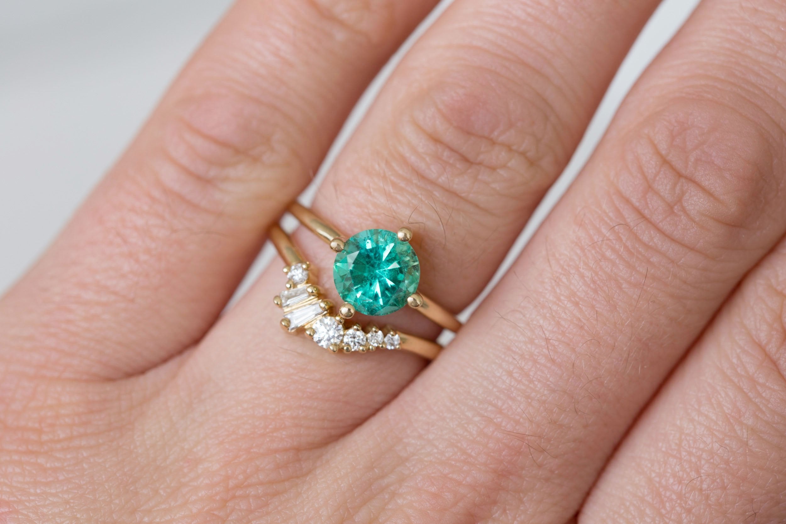Leta Ring | Round Emerald Compass Set Solitaire Engagement Ring 1.54 ct | 14k Recycled Gold | One of a Kind