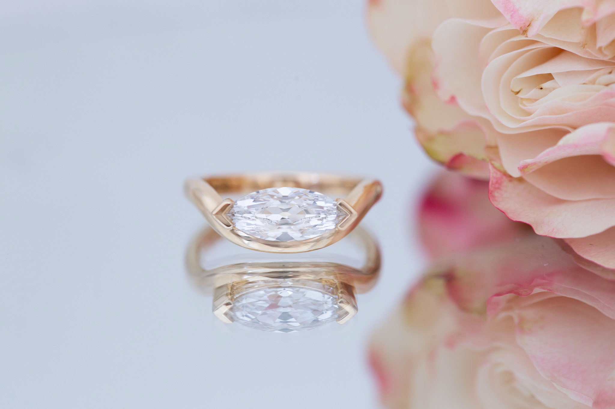 Rhodes Ring | Lab Marquise Diamond Solitaire + Curved Band Engagement Ring 1.53 ct | 14k Recycled Gold | One of a Kind