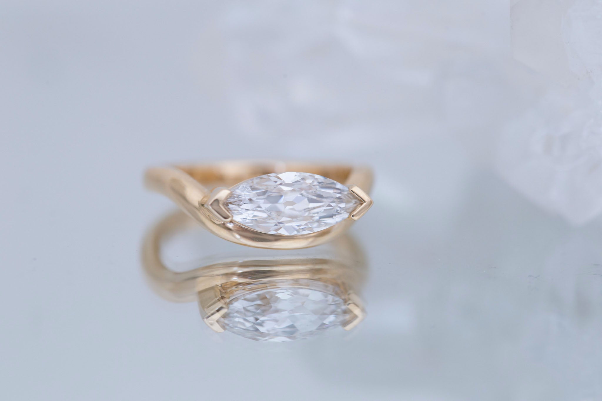 Rhodes Ring | Lab Marquise Diamond Solitaire + Curved Band Engagement Ring 1.53 ct | 14k Recycled Gold | One of a Kind