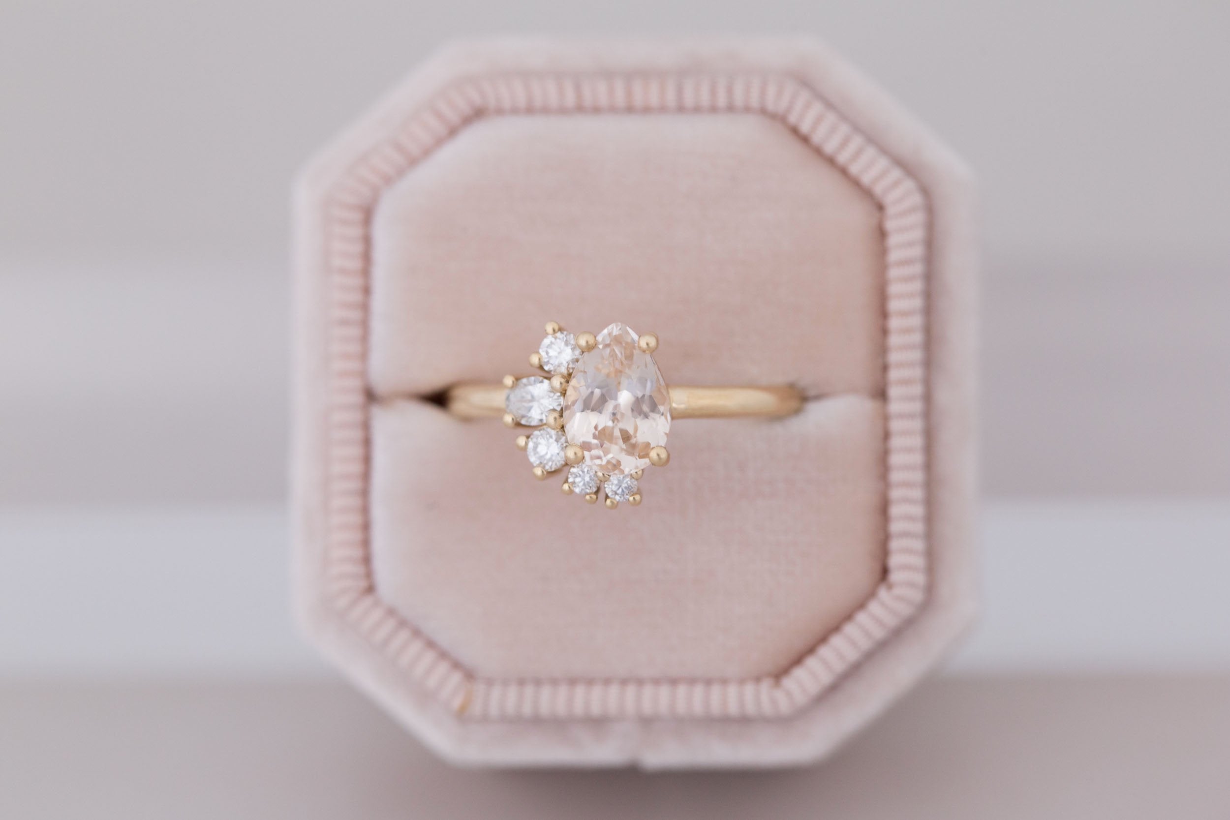 Evaline Ring | Peach Sapphire + Asymmetrical Diamond Cluster Engagement Ring 1.55 ct | 14k Recycled Gold | One of a Kind