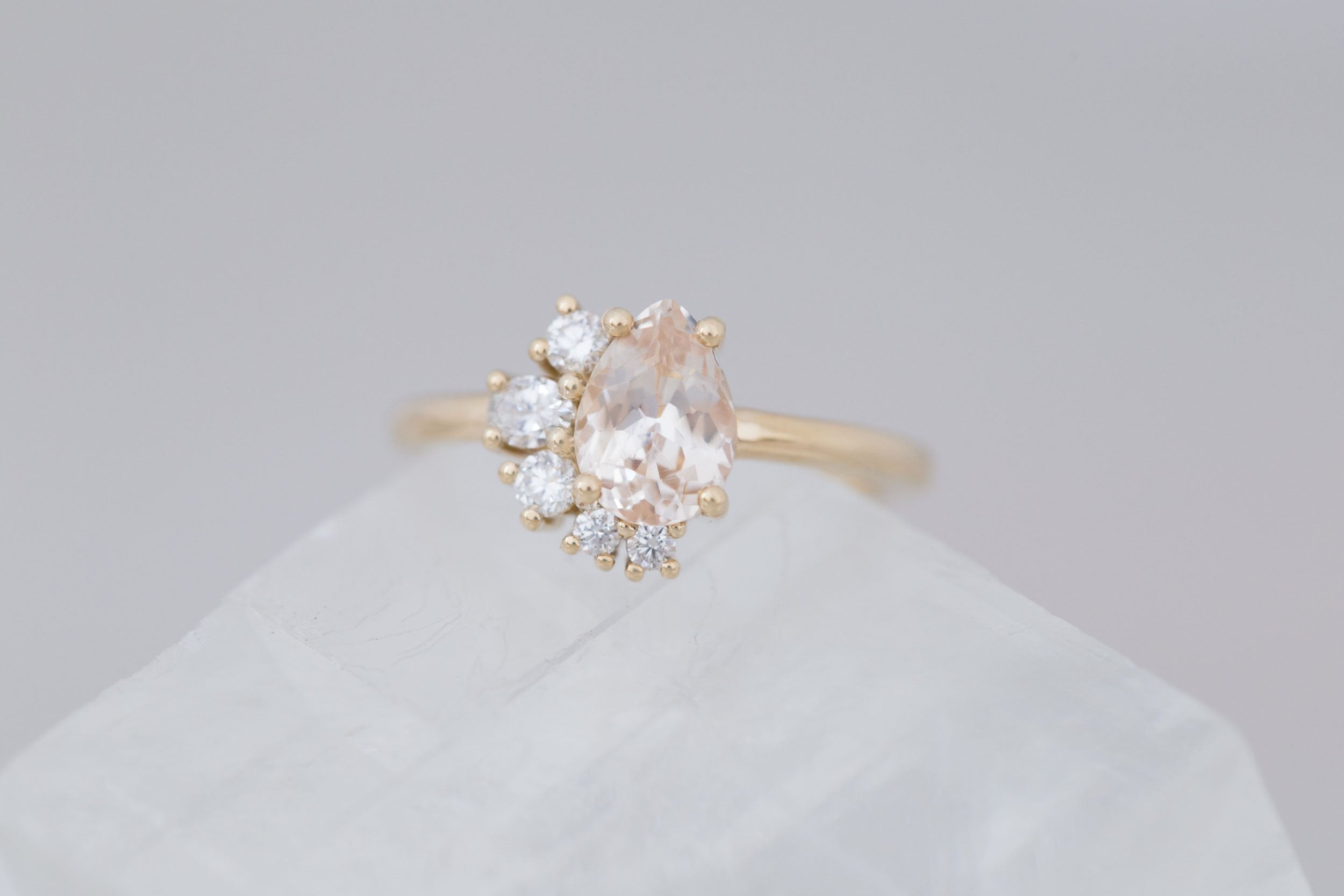 Evaline Ring | Peach Sapphire + Asymmetrical Diamond Cluster Engagement Ring 1.55 ct | 14k Recycled Gold | One of a Kind