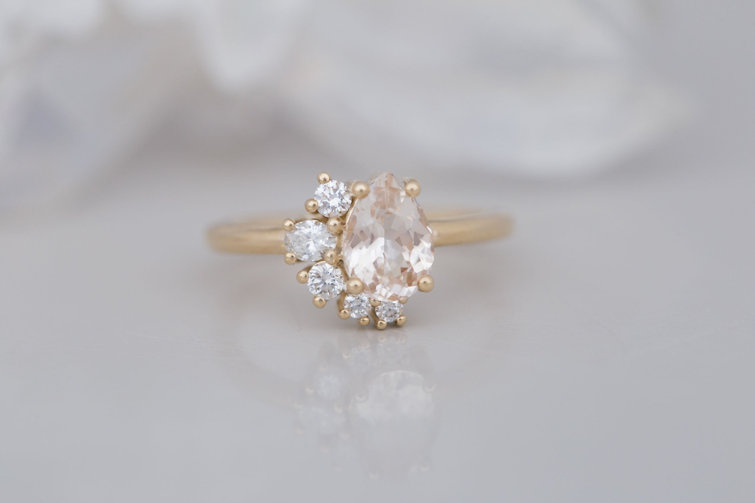 Evaline Ring | Peach Sapphire + Asymmetrical Diamond Cluster Engagement Ring 1.55 ct | 14k Recycled Gold | One of a Kind