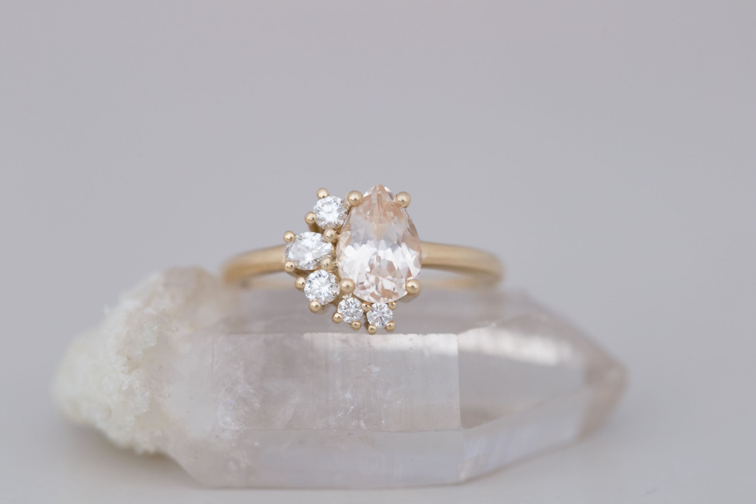Evaline Ring | Peach Sapphire + Asymmetrical Diamond Cluster Engagement Ring 1.55 ct | 14k Recycled Gold | One of a Kind