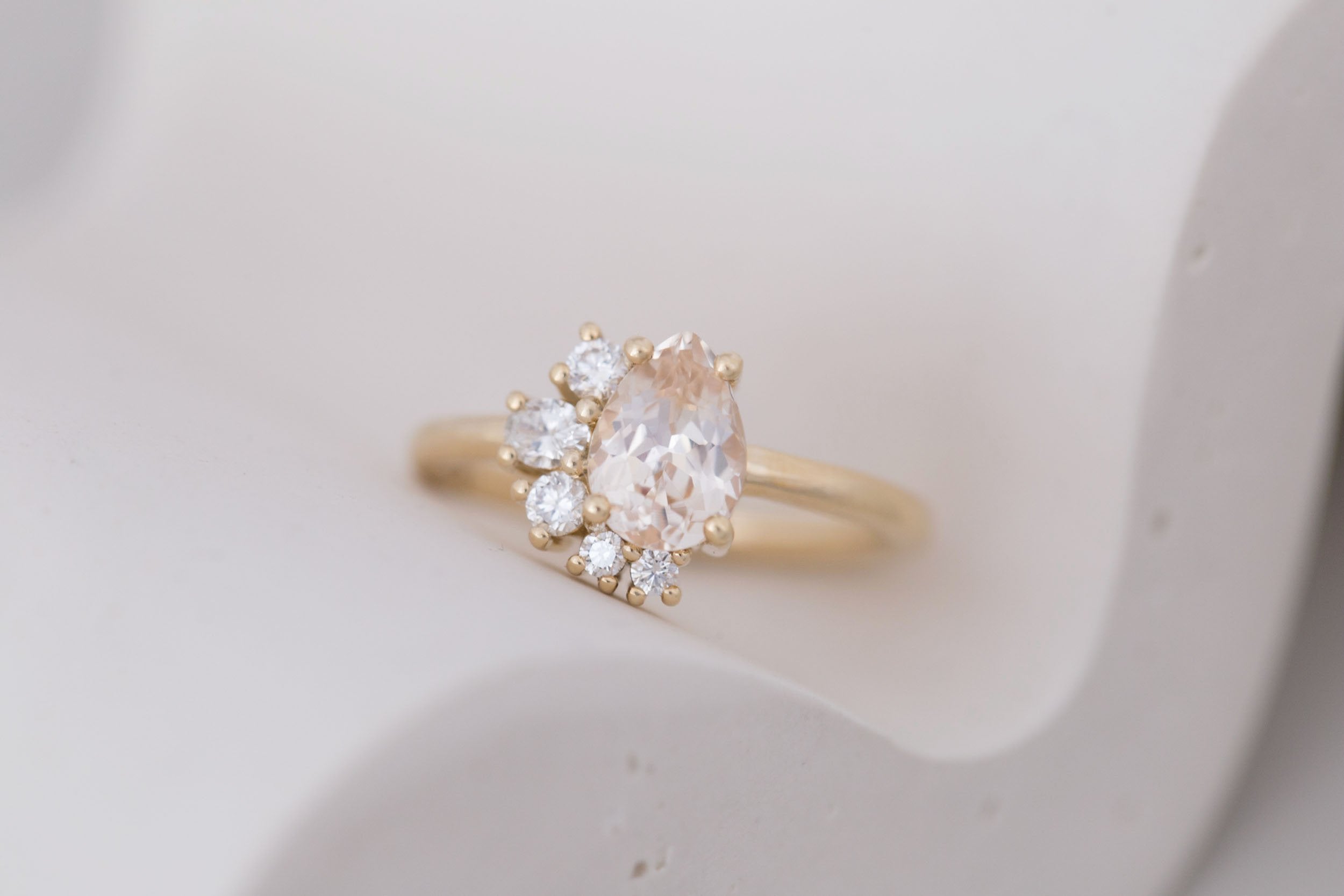 Evaline Ring | Peach Sapphire + Asymmetrical Diamond Cluster Engagement Ring 1.55 ct | 14k Recycled Gold | One of a Kind