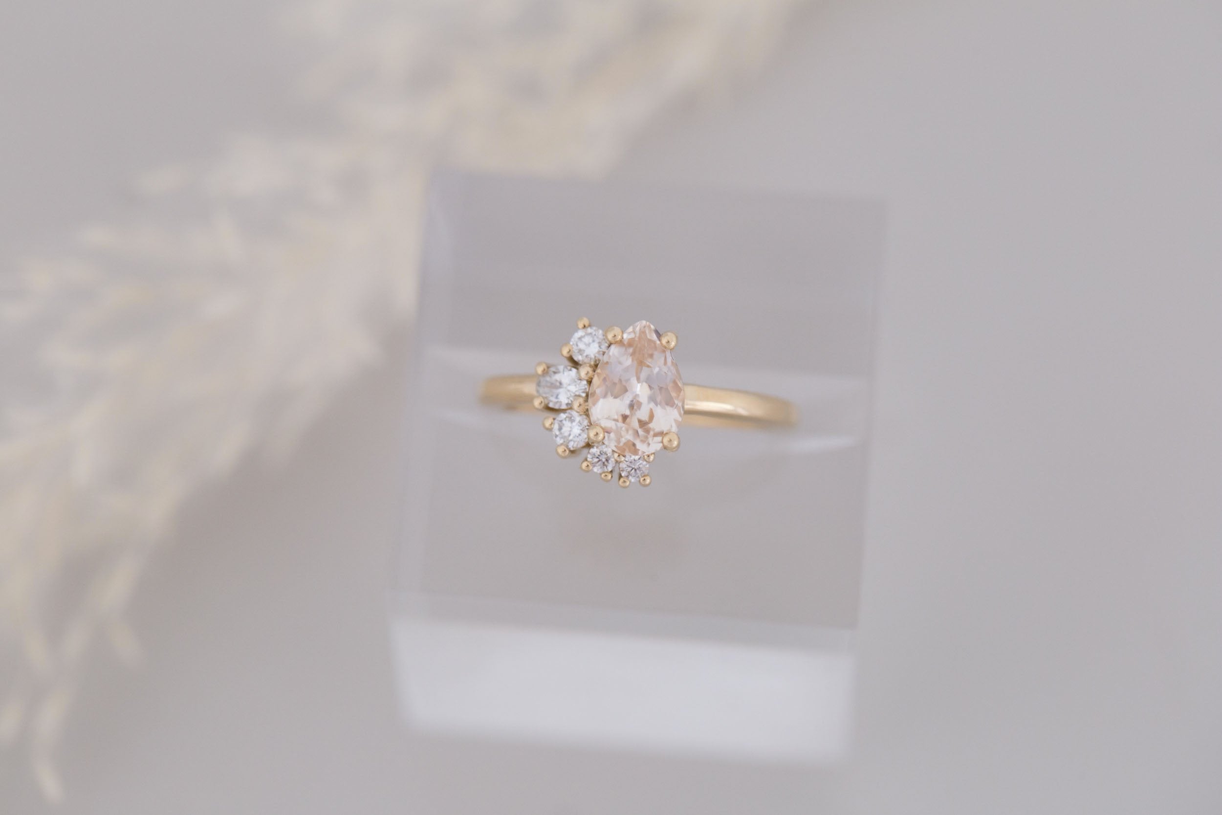 Evaline Ring | Peach Sapphire + Asymmetrical Diamond Cluster Engagement Ring 1.55 ct | 14k Recycled Gold | One of a Kind