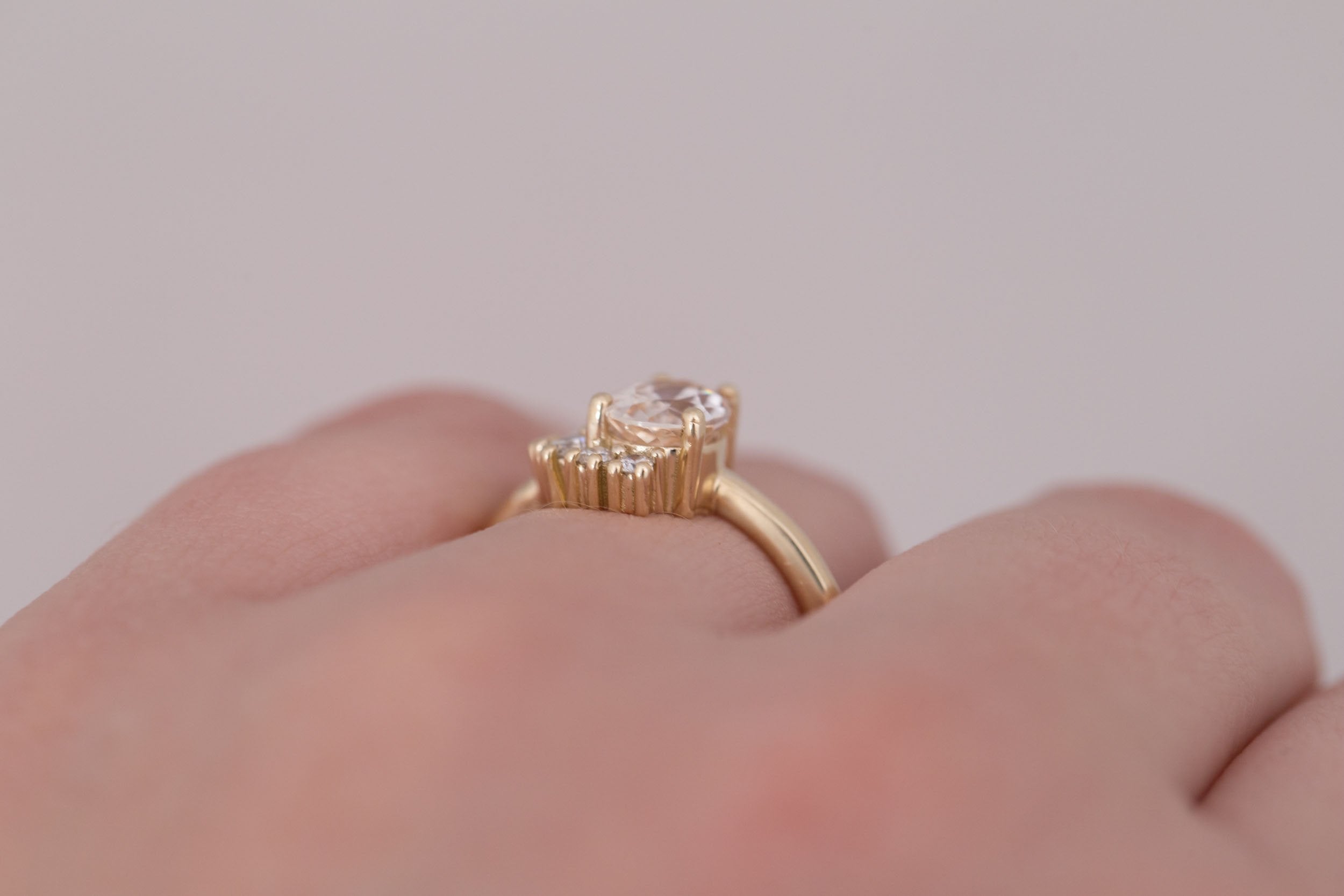 Evaline Ring | Peach Sapphire + Asymmetrical Diamond Cluster Engagement Ring 1.55 ct | 14k Recycled Gold | One of a Kind