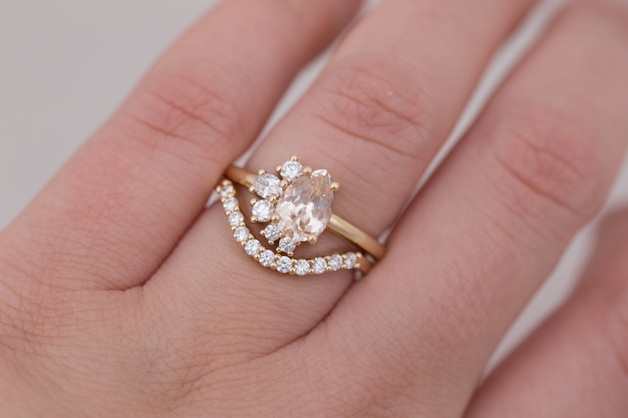 Evaline Ring | Peach Sapphire + Asymmetrical Diamond Cluster Engagement Ring 1.55 ct | 14k Recycled Gold | One of a Kind