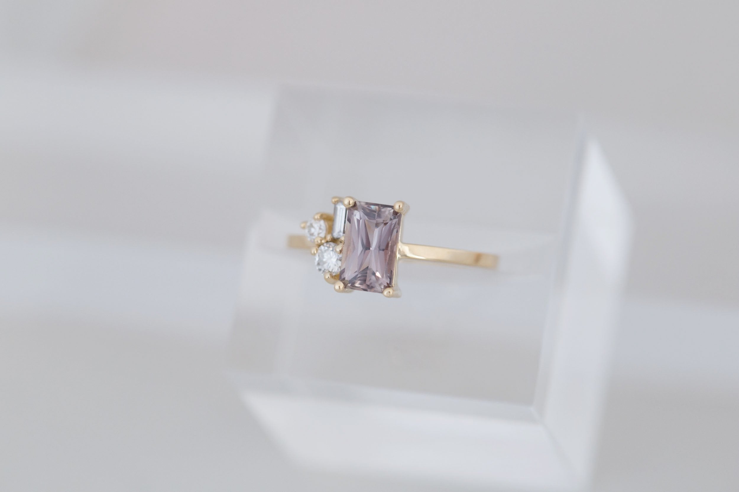 Emory Ring | Mauve Sapphire + Baguette and Round Diamond Cluster Engagement Ring 1.55 ct | 14k Recycled Gold | One of a Kind