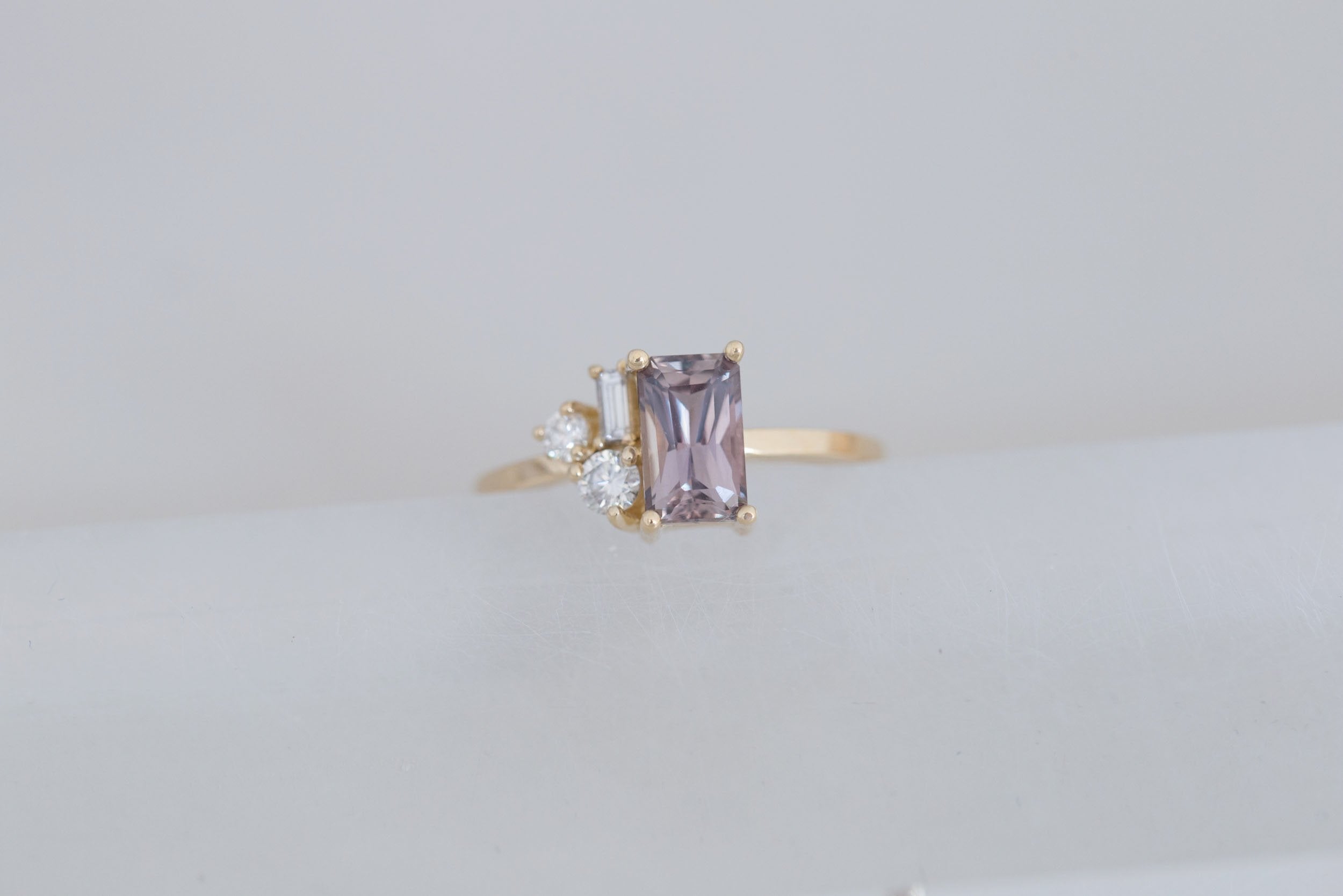 Emory Ring | Mauve Sapphire + Baguette and Round Diamond Cluster Engagement Ring 1.55 ct | 14k Recycled Gold | One of a Kind