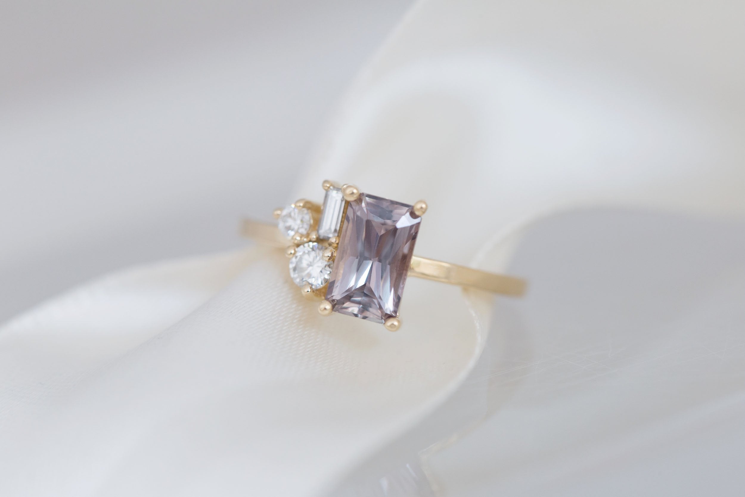 Emory Ring | Mauve Sapphire + Baguette and Round Diamond Cluster Engagement Ring 1.55 ct | 14k Recycled Gold | One of a Kind