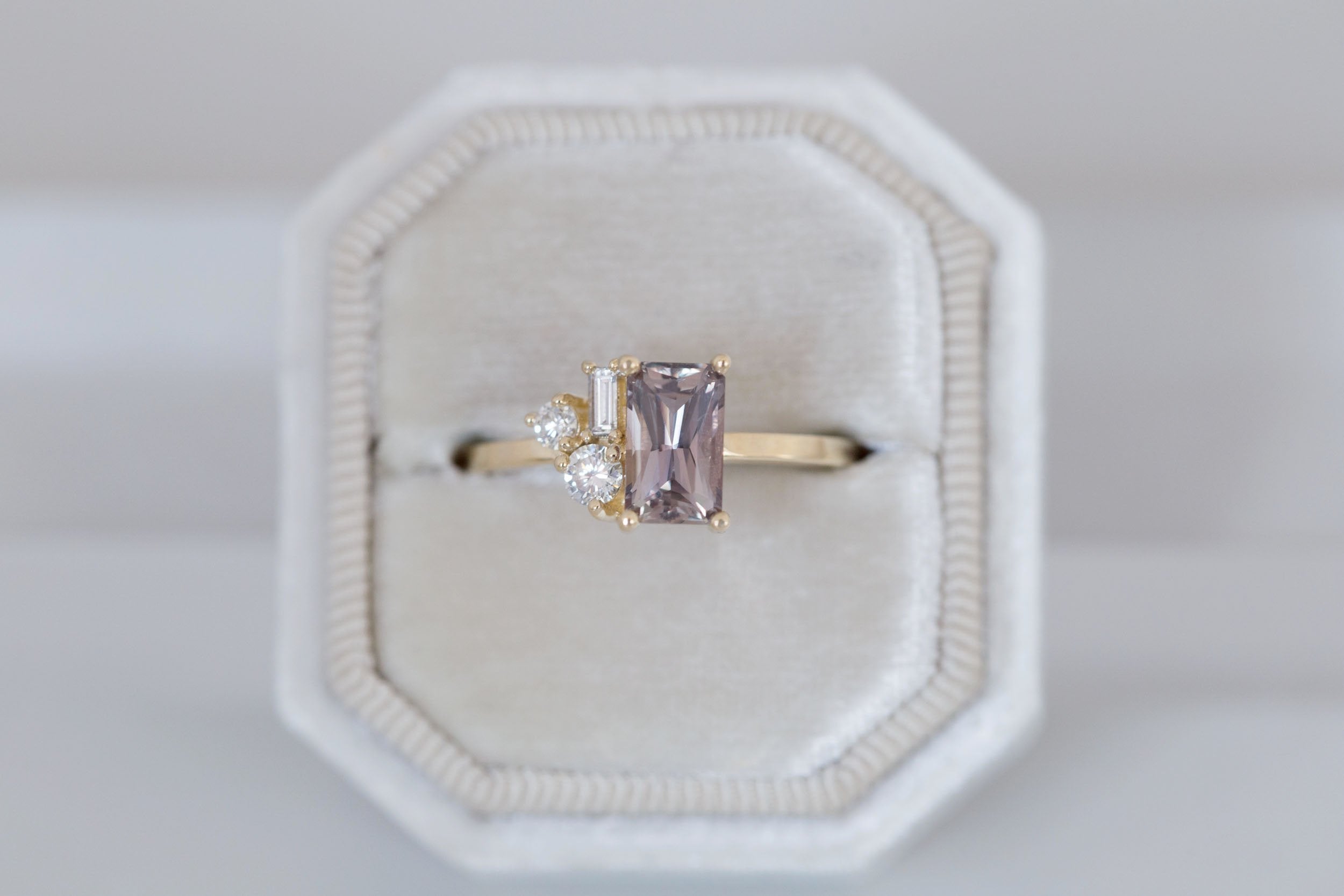 Emory Ring | Mauve Sapphire + Baguette and Round Diamond Cluster Engagement Ring 1.55 ct | 14k Recycled Gold | One of a Kind