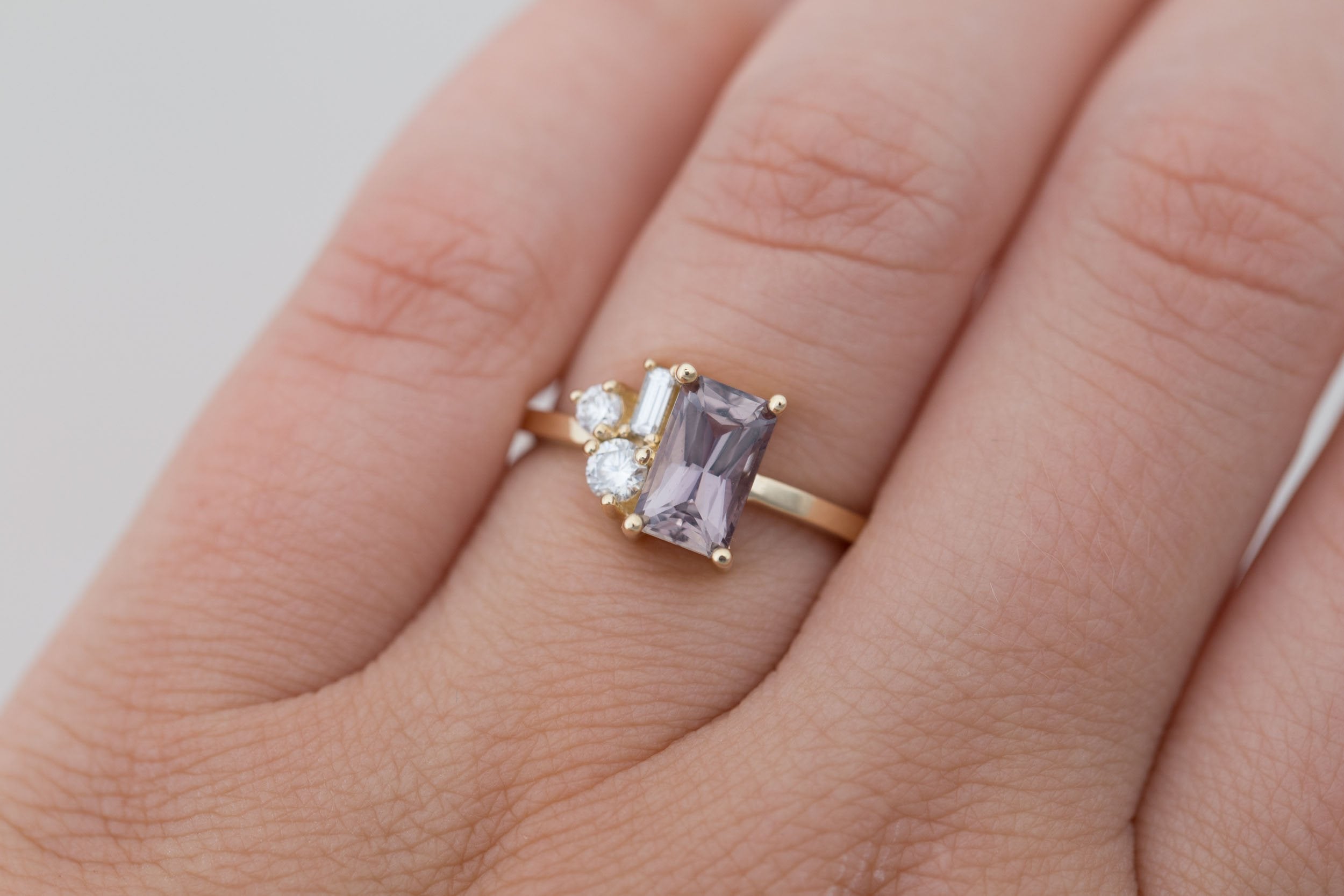 Emory Ring | Mauve Sapphire + Baguette and Round Diamond Cluster Engagement Ring 1.55 ct | 14k Recycled Gold | One of a Kind