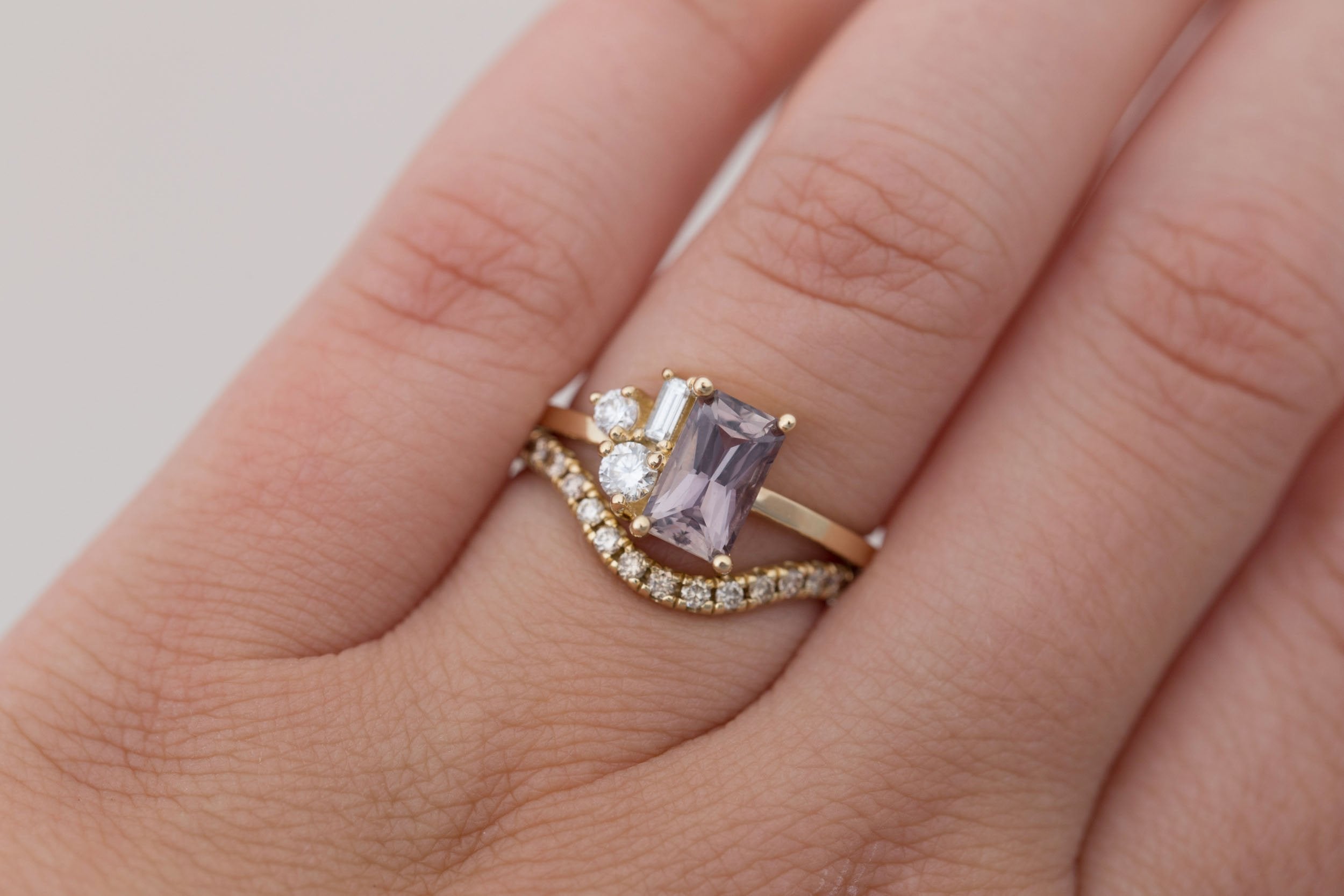 Emory Ring | Mauve Sapphire + Baguette and Round Diamond Cluster Engagement Ring 1.55 ct | 14k Recycled Gold | One of a Kind