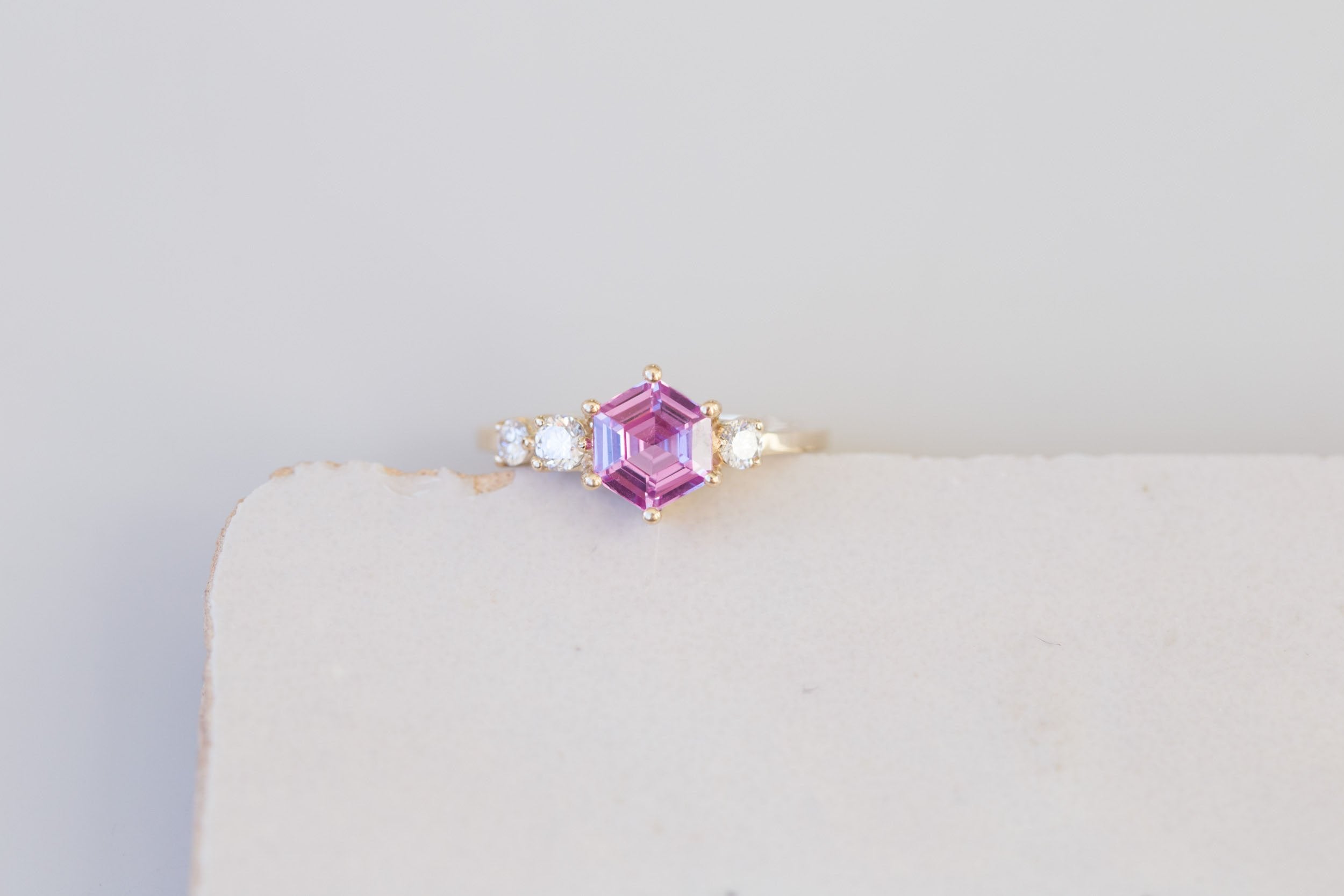 Cassia Ring | Magenta Step Cut Sapphire + Diamond Asymmetrical Engagement Ring 1.56 ct | 14k Recycled Gold | One of a Kind