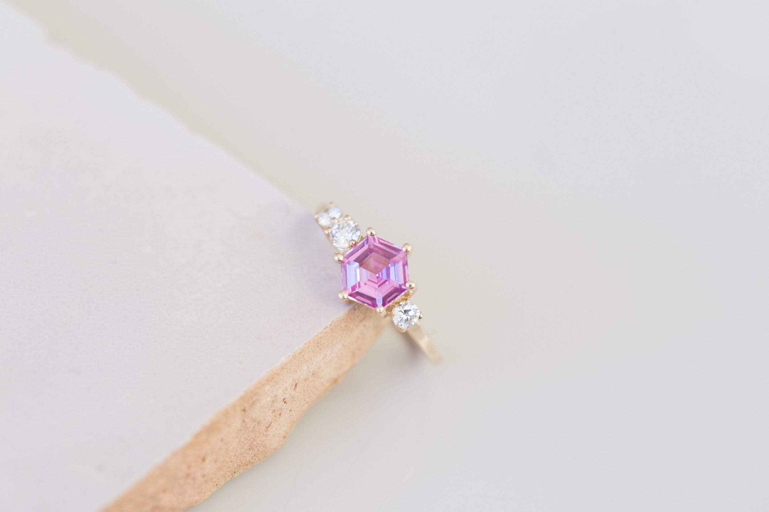 Cassia Ring | Magenta Step Cut Sapphire + Diamond Asymmetrical Engagement Ring 1.56 ct | 14k Recycled Gold | One of a Kind