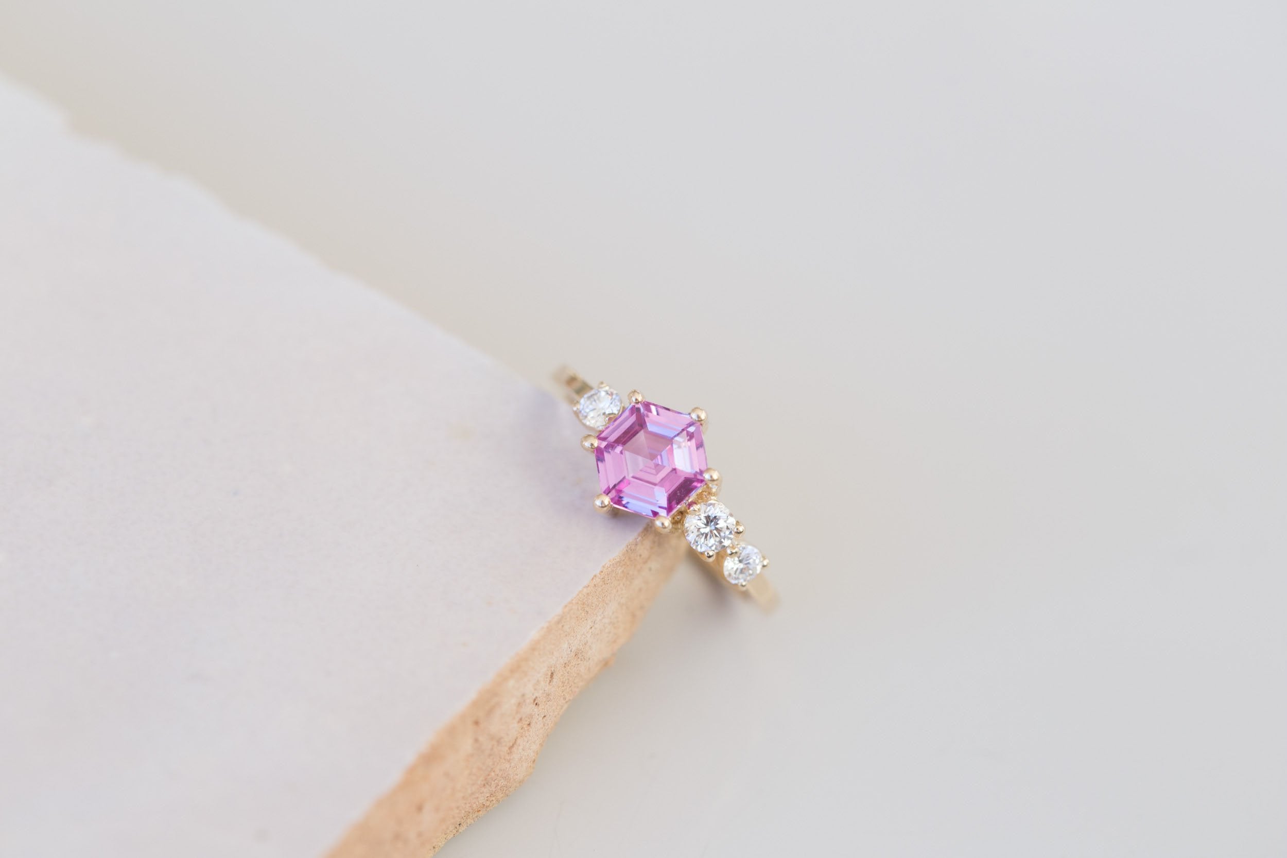 Cassia Ring | Magenta Step Cut Sapphire + Diamond Asymmetrical Engagement Ring 1.56 ct | 14k Recycled Gold | One of a Kind