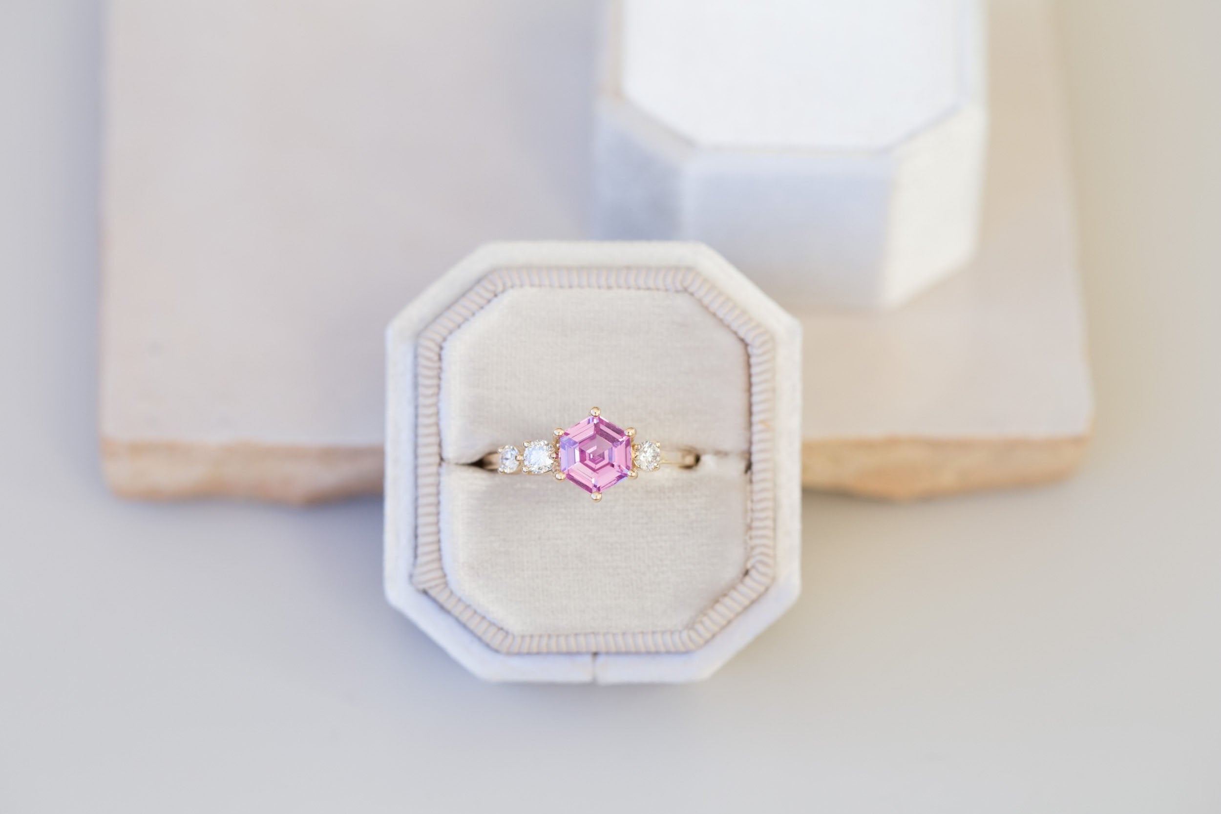 Cassia Ring | Magenta Step Cut Sapphire + Diamond Asymmetrical Engagement Ring 1.56 ct | 14k Recycled Gold | One of a Kind