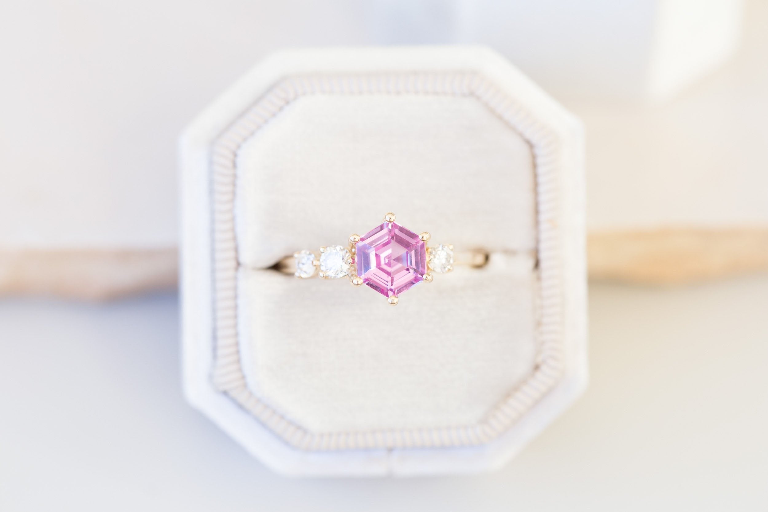 Cassia Ring | Magenta Step Cut Sapphire + Diamond Asymmetrical Engagement Ring 1.56 ct | 14k Recycled Gold | One of a Kind