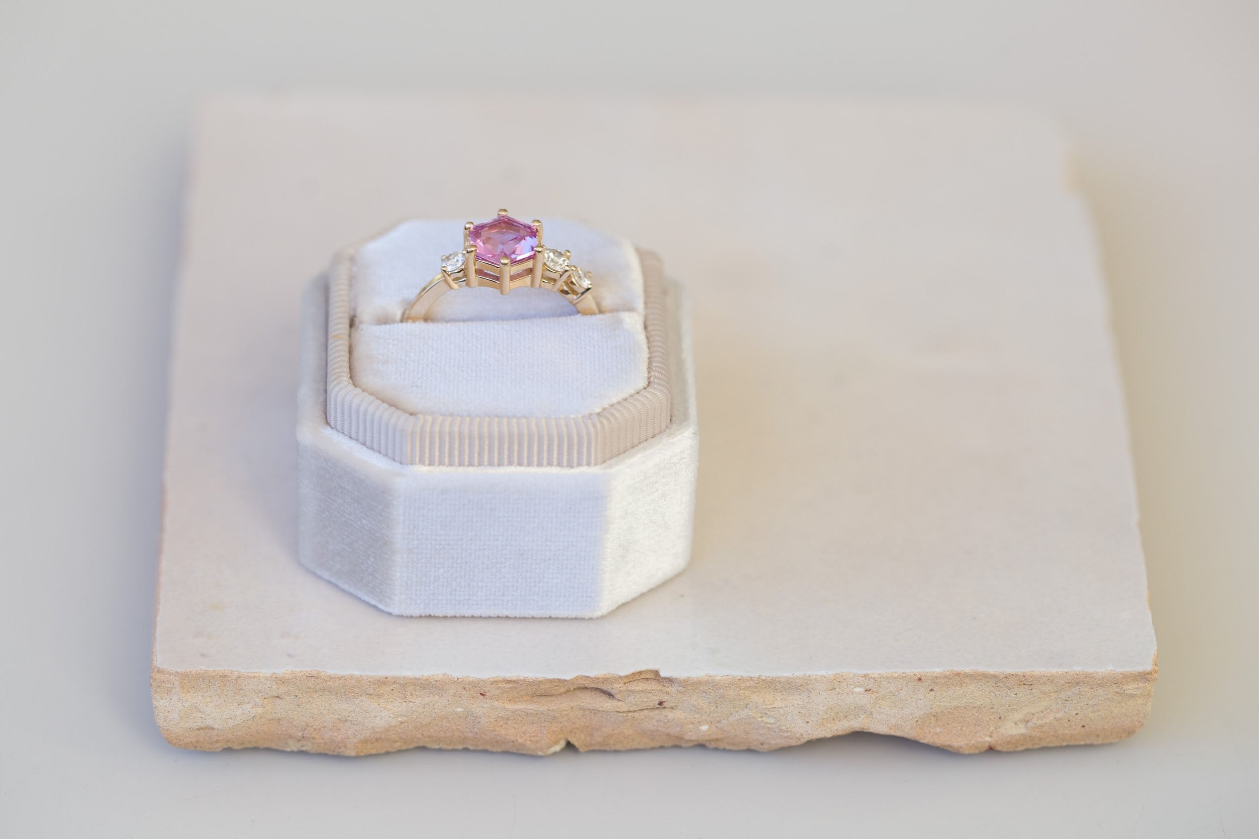 Cassia Ring | Magenta Step Cut Sapphire + Diamond Asymmetrical Engagement Ring 1.56 ct | 14k Recycled Gold | One of a Kind